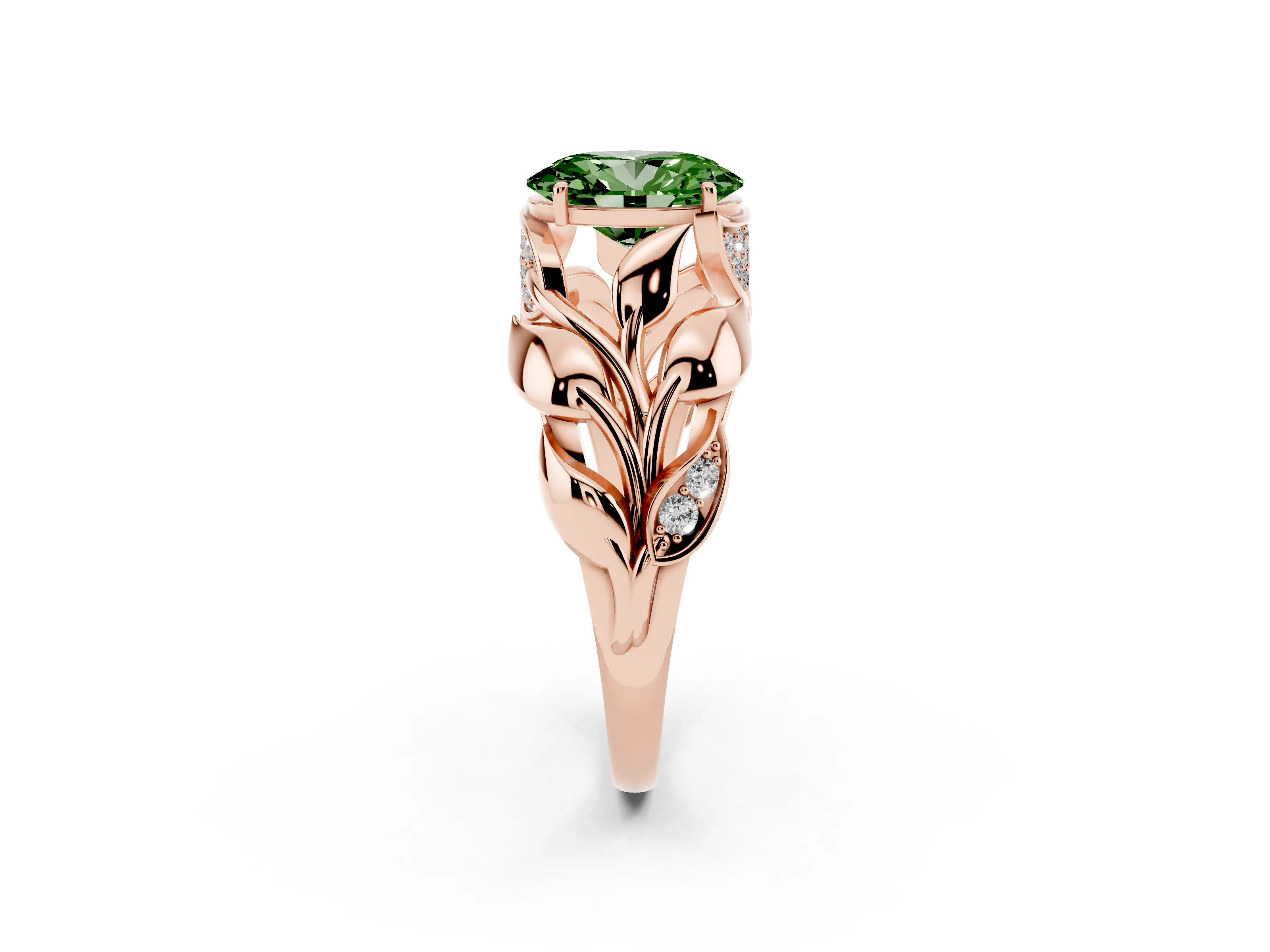 Fancy Green Oval Cut Diamond Leaf-Inspired Engagement Ring Set in Rose gold with Round Accents