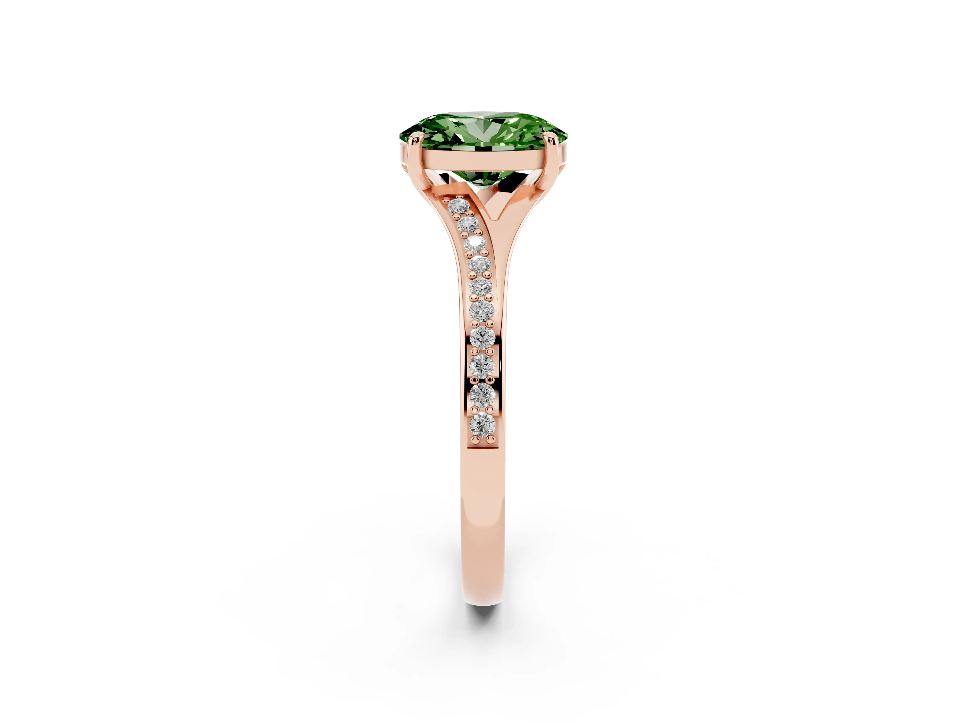 Fancy Green Oval Cut Diamond Solitaire Ring Set in Rose gold with Pavé Accent Band and Classic Prong Setting