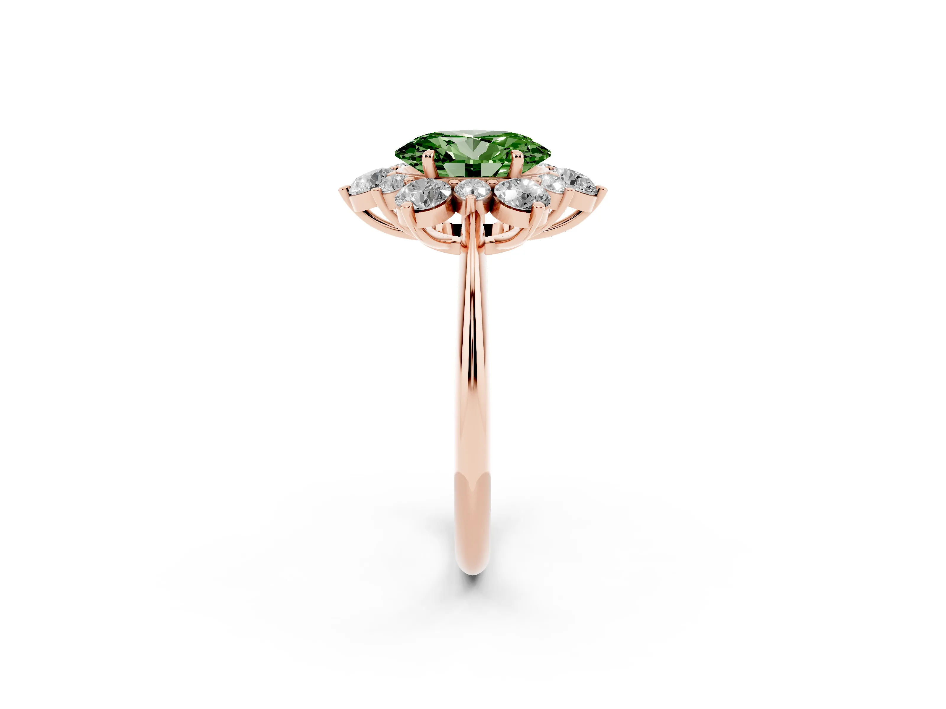 Fancy Green Oval Cut Diamond Cluster Halo Ring Set in Rose gold with Solitaire Band and Prong Setting