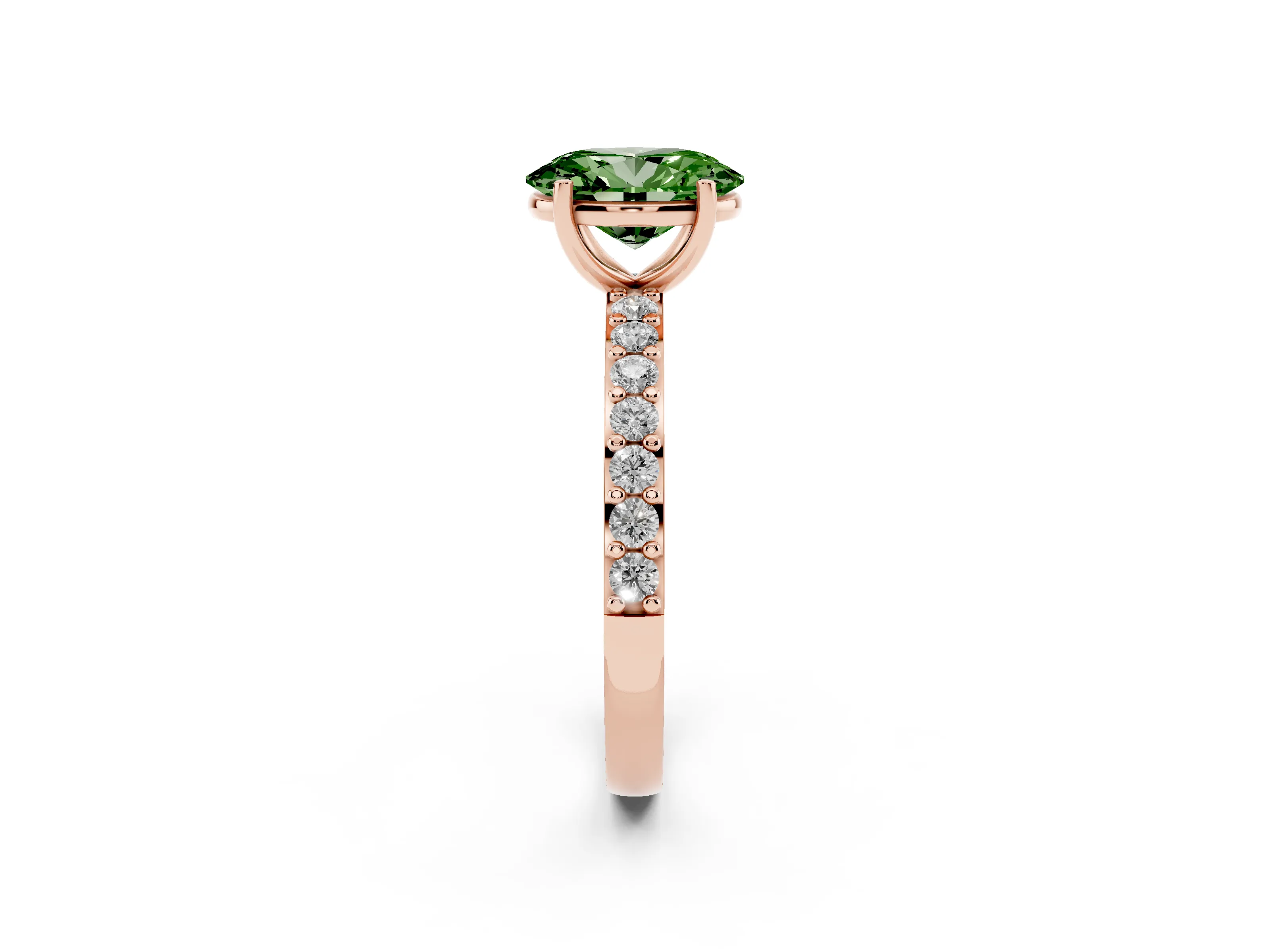 Fancy Green Oval Cut Diamond Solitaire Set in Rose gold with Round Pavé Band and Prong Setting