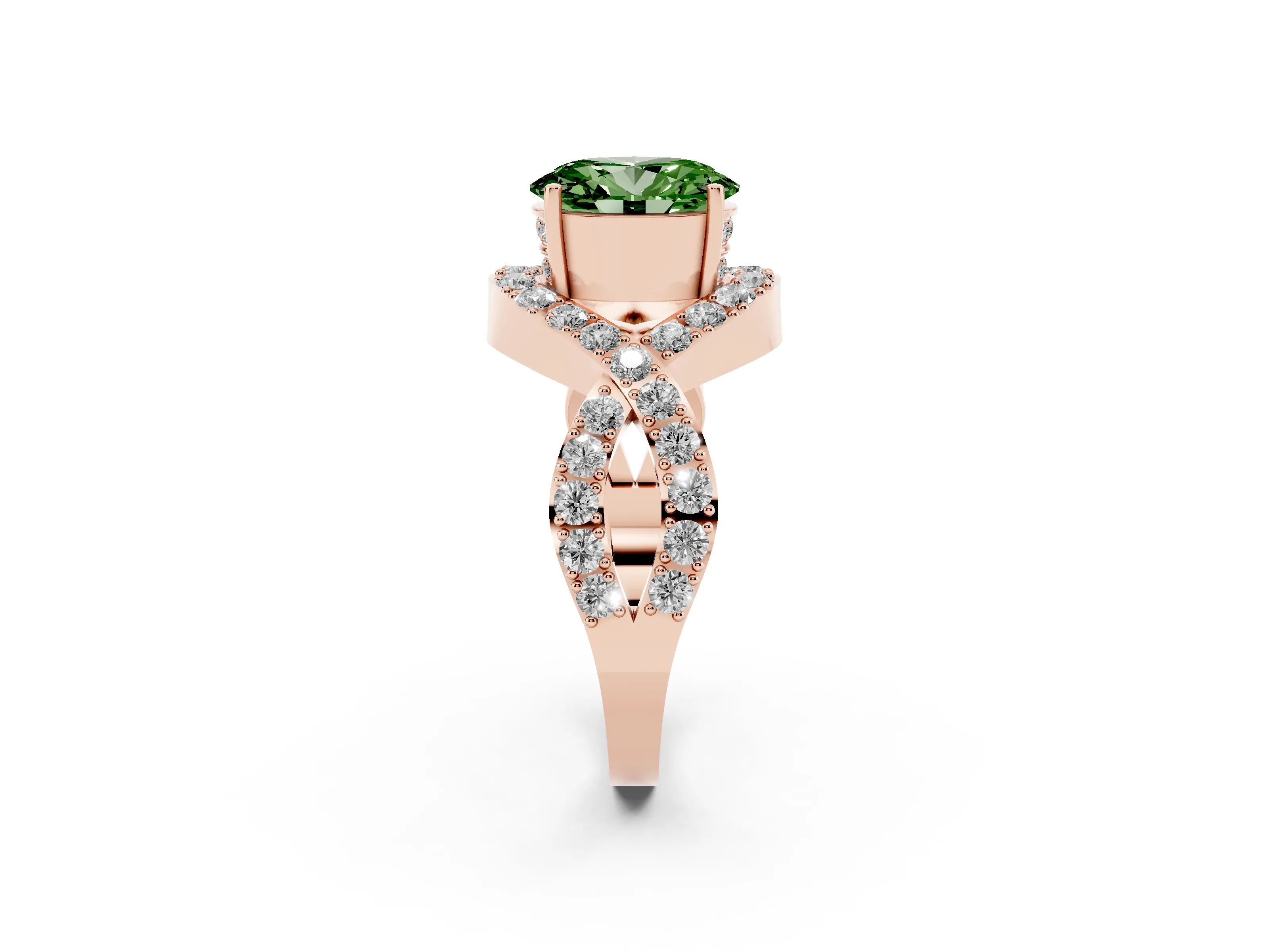 Fancy Green Oval Cut Diamond Solitaire Twist Band Pavé Engagement Ring Set in Rose gold