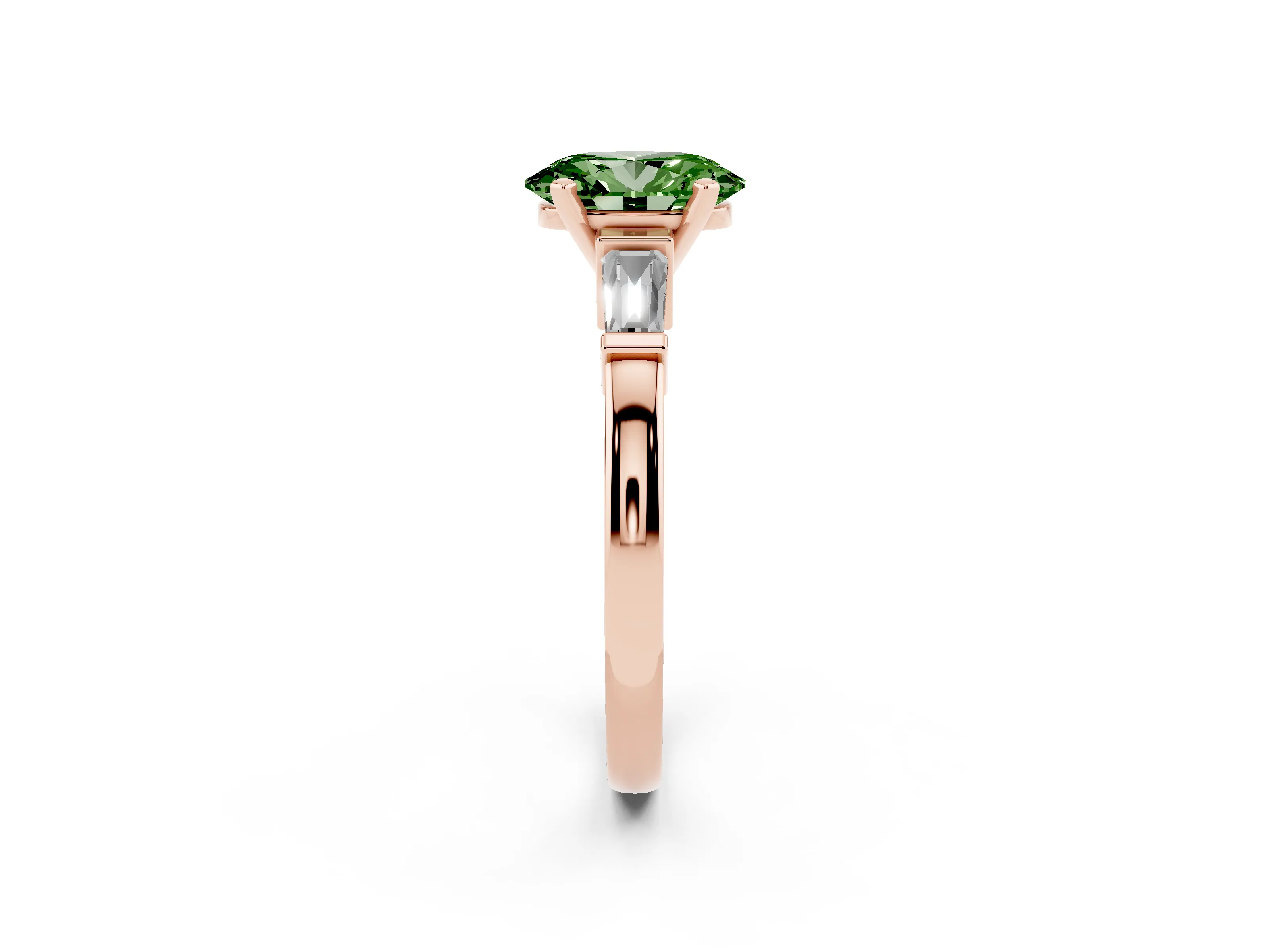 Fancy Green Oval Cut Diamond Solitaire Ring Set in Rose gold with Tapered Baguette Accents and Prong Setting