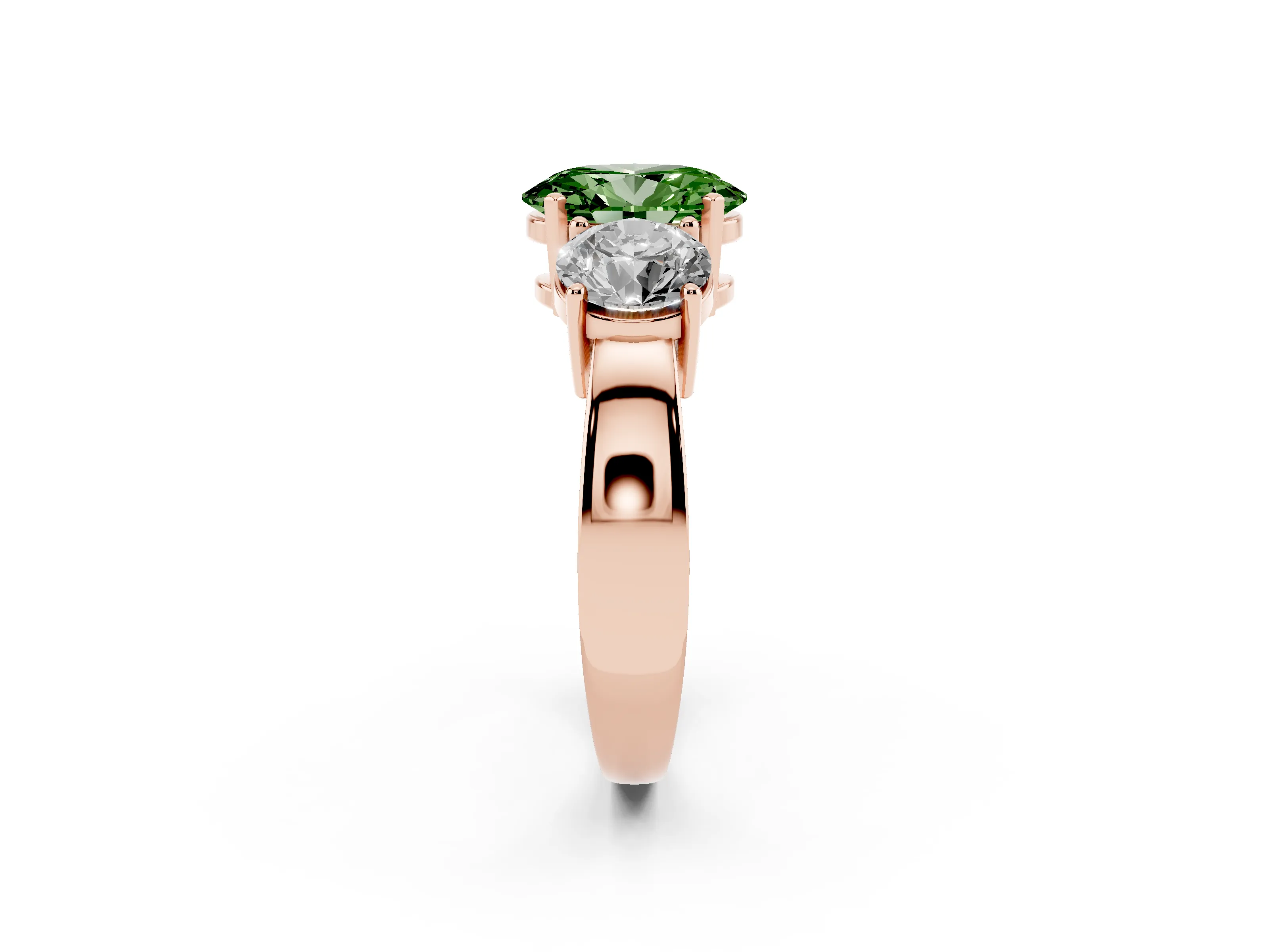 Fancy Green Oval Cut Diamond Three-Stone Ring Set in Rose gold with Round Side Stones and Classic Band