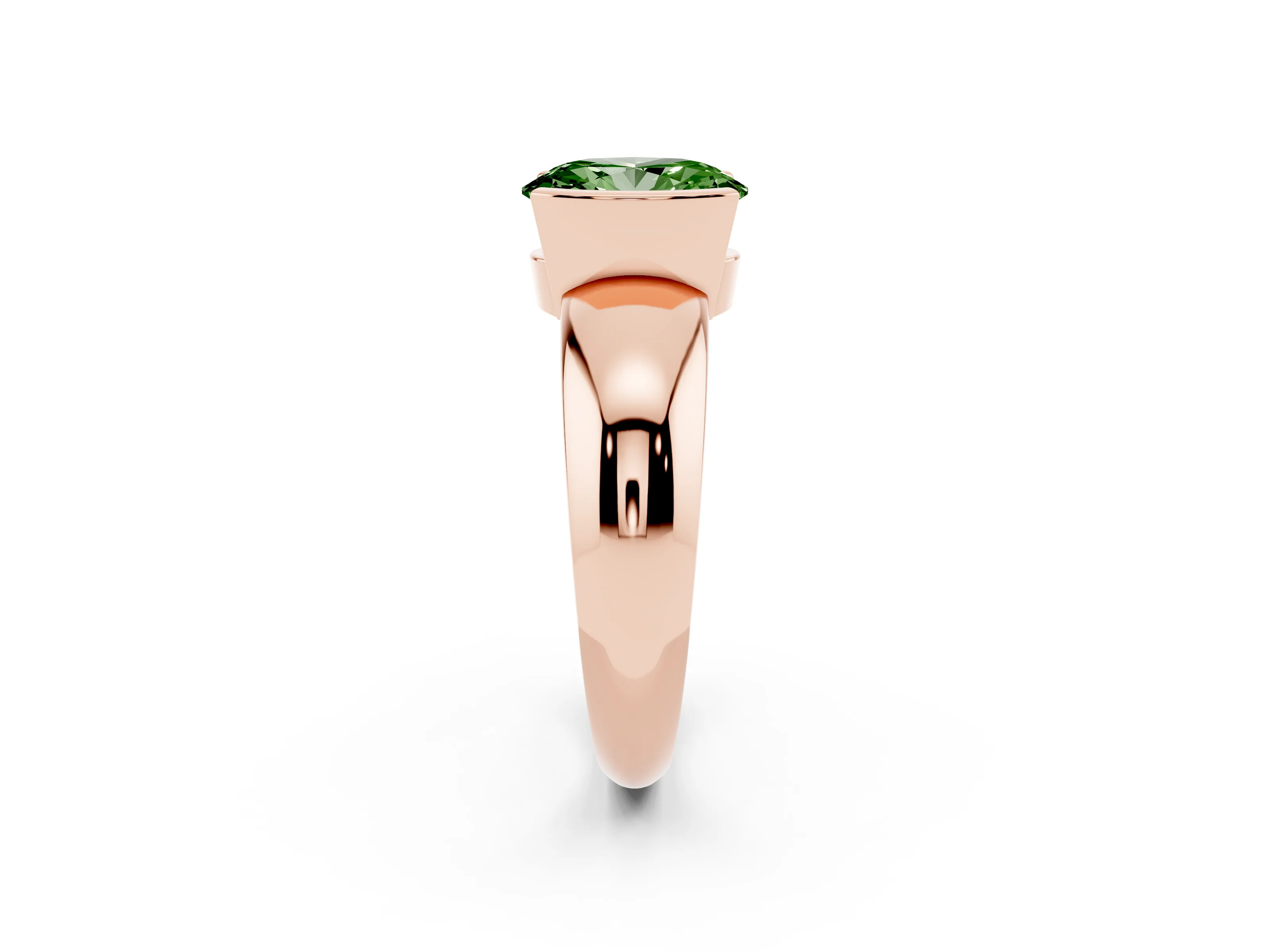 Fancy Green Oval Cut Diamond Solitaire Tension Set Ring Set in Rose gold with Wide Band
