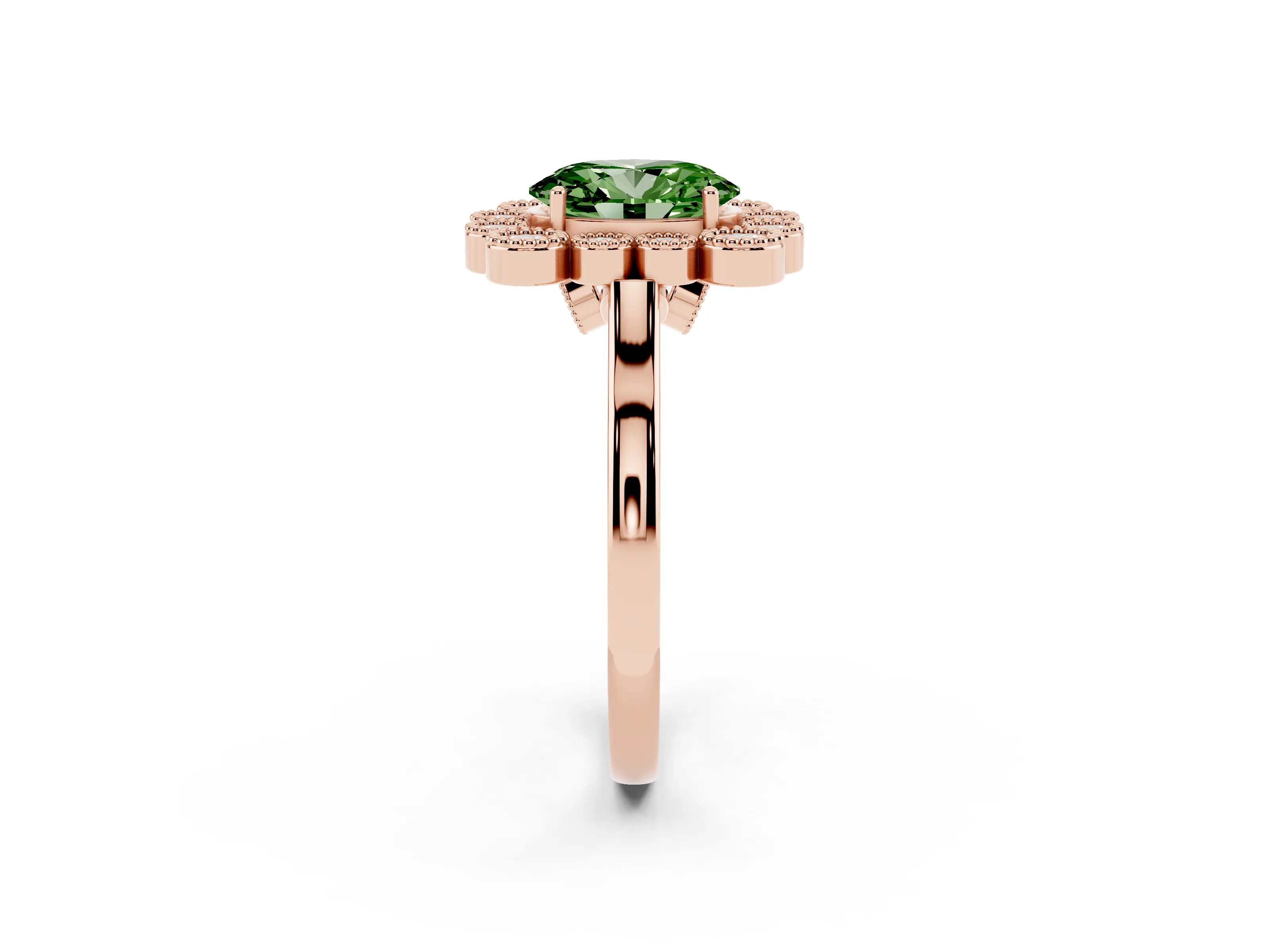 Fancy Green Oval Cut Diamond Cluster Halo Ring Set in Rose gold with Milgrain Bezel Accents and Plain Band