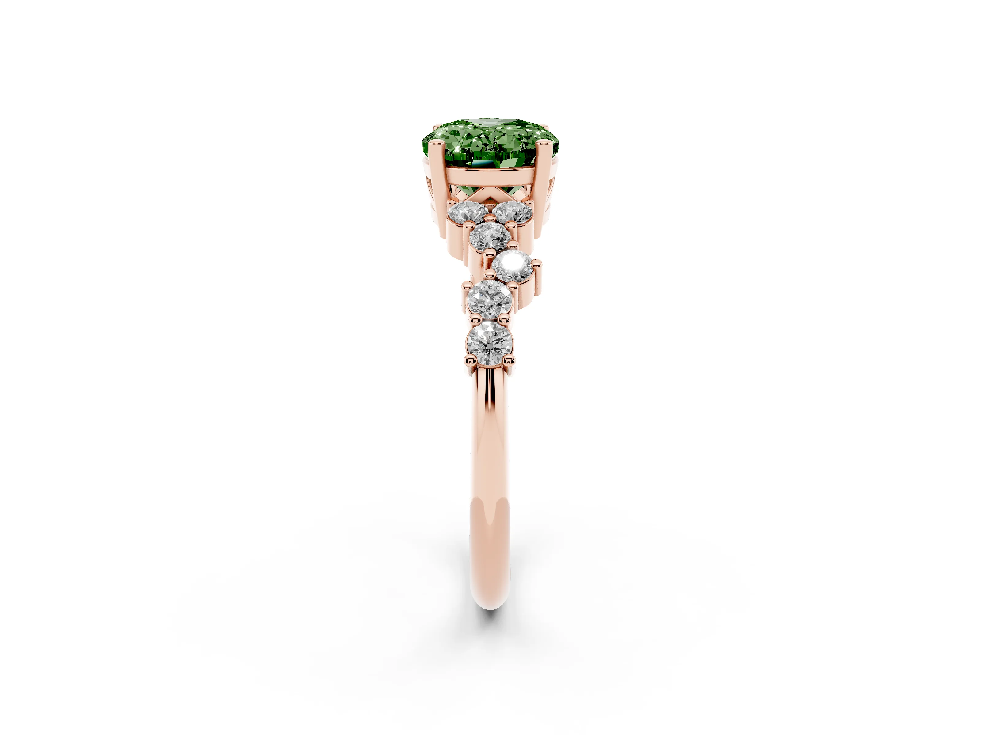 Fancy Green Oval Cut Diamond Ring Set in Rose gold with Scattered Round Accents
