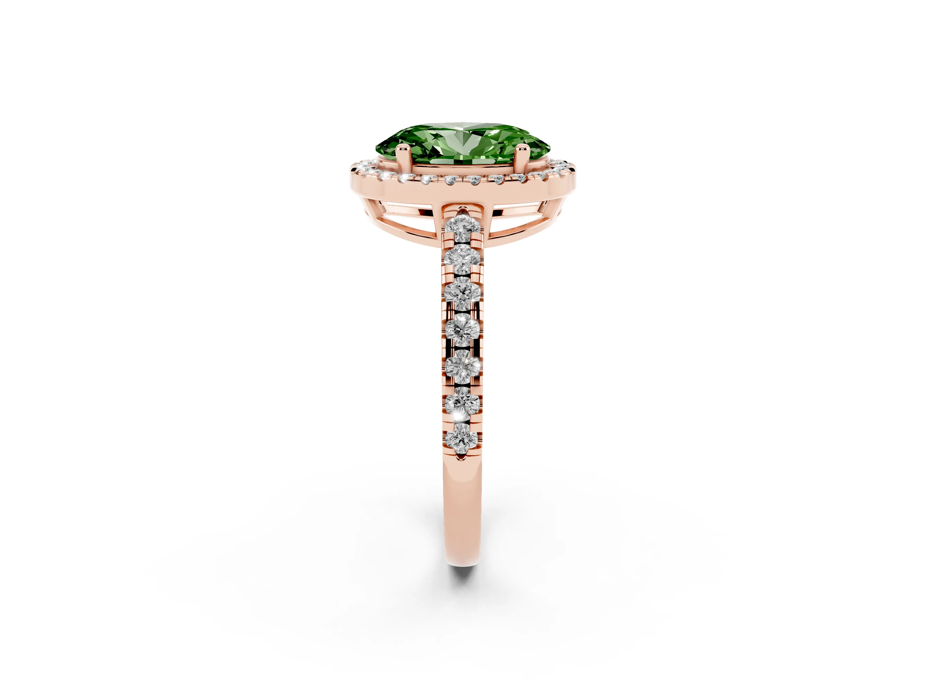 Fancy Green Oval Cut Diamond Halo Ring Set in Rose gold with Delicate Pavé Band and Prong Setting