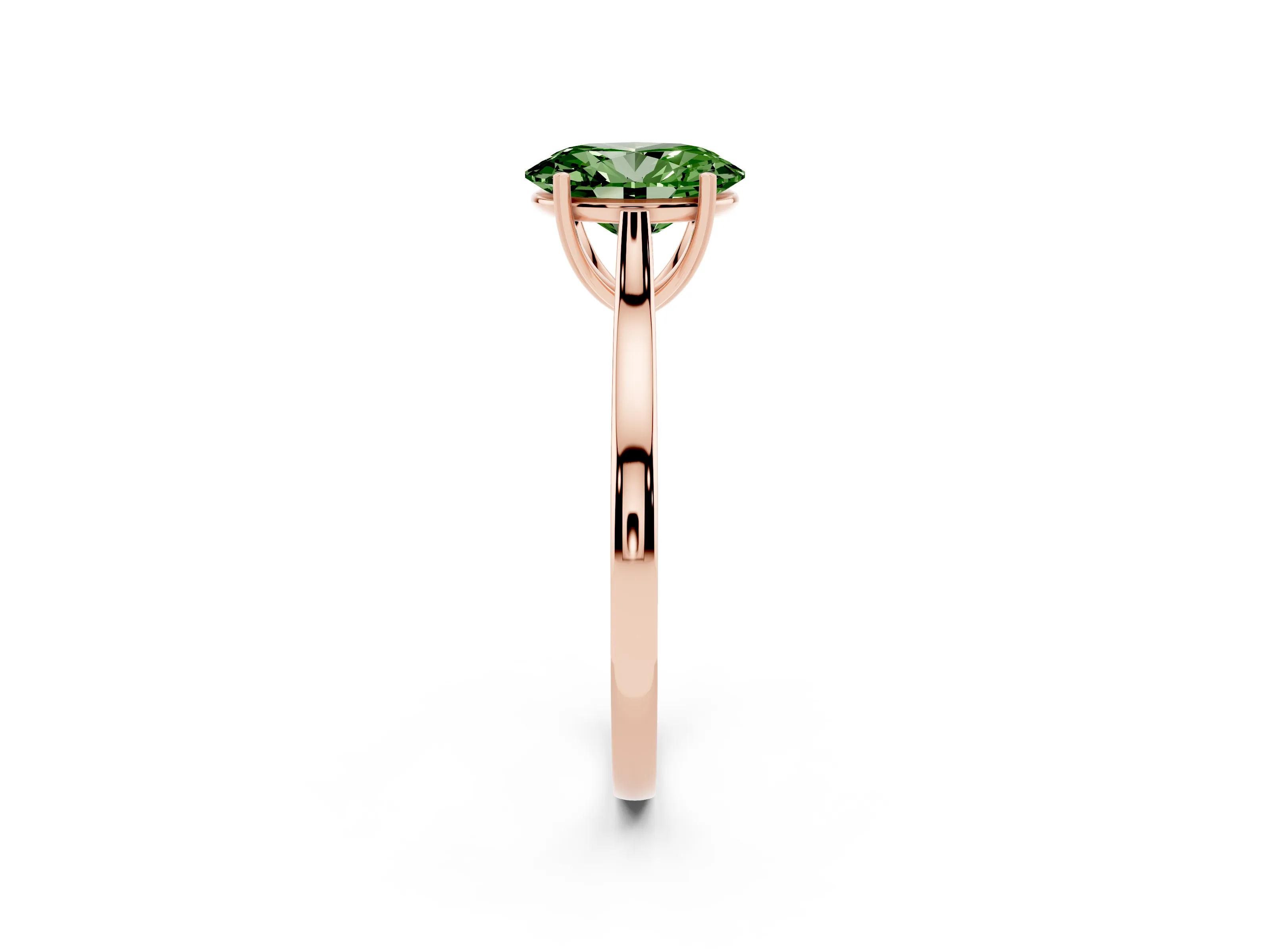 Fancy Green Oval Cut Diamond Solitaire Heart Prong Engagement Ring Set in Rose gold with Tapered Band