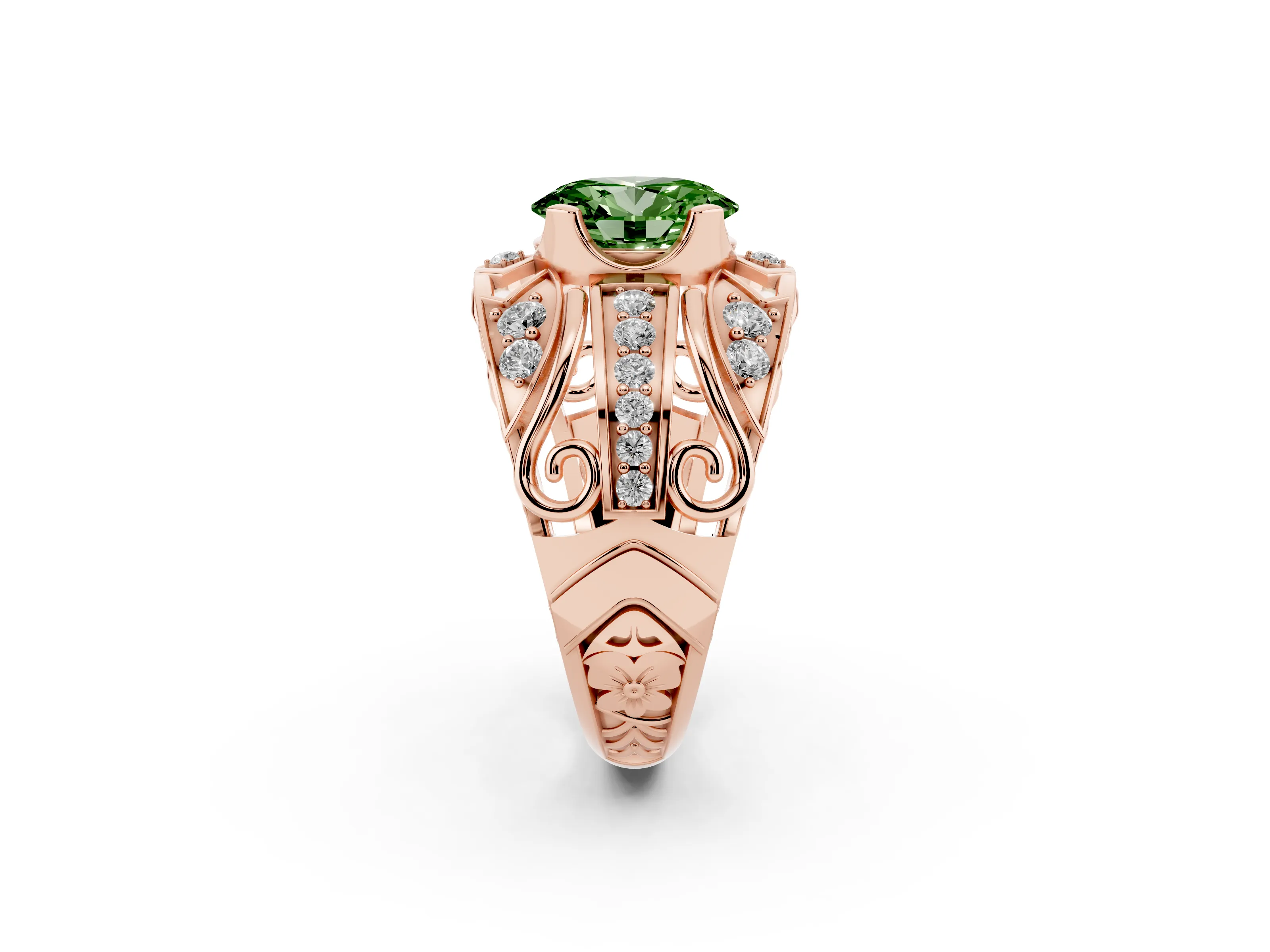 Fancy Green Oval Cut Diamond Art Deco Ring Set in Rose gold with Pavé Split Shank