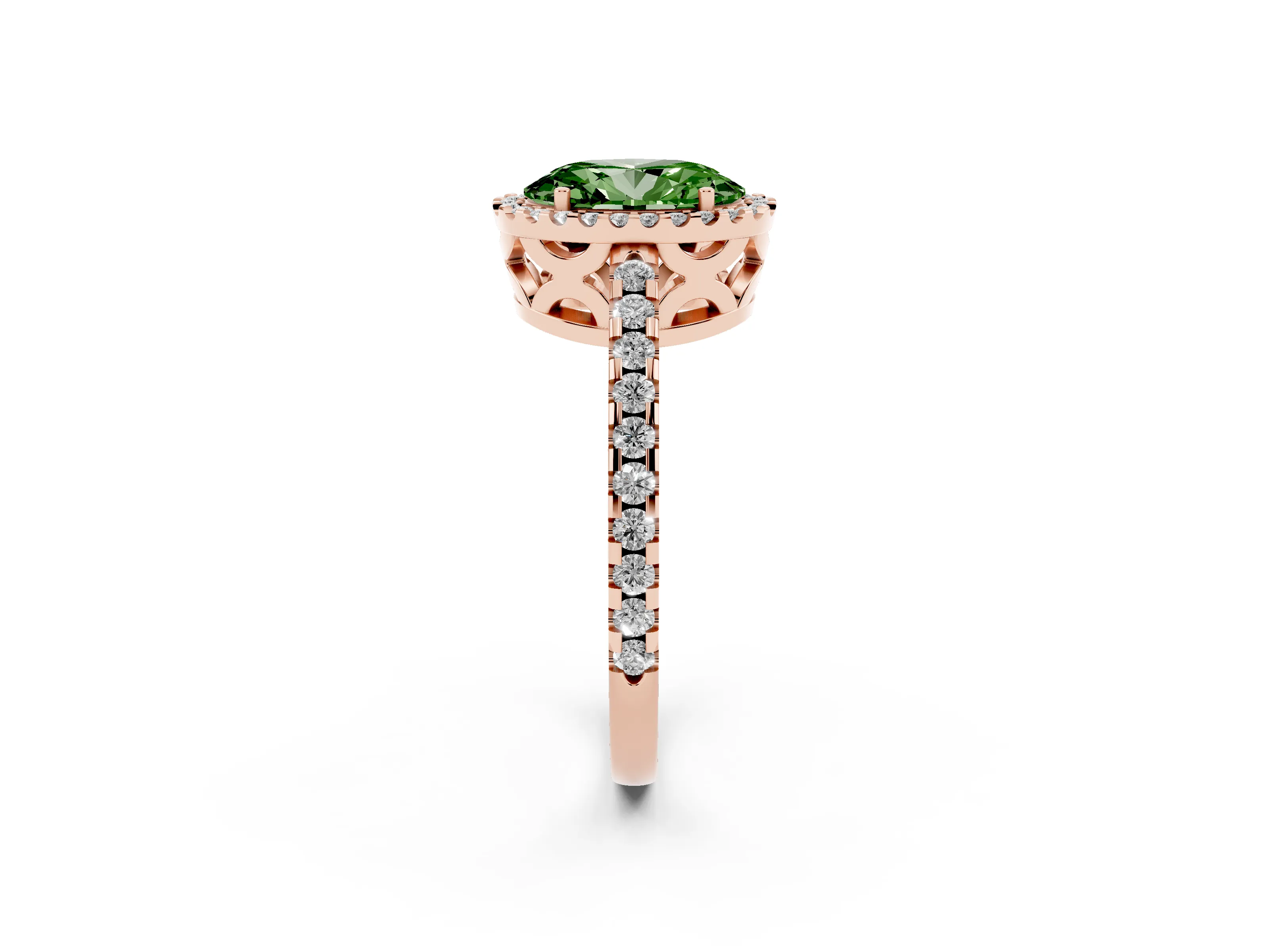 Fancy Green Oval Cut Diamond Halo Ring Set in Rose gold with Pavé Shoulders and Halo-Framed Center