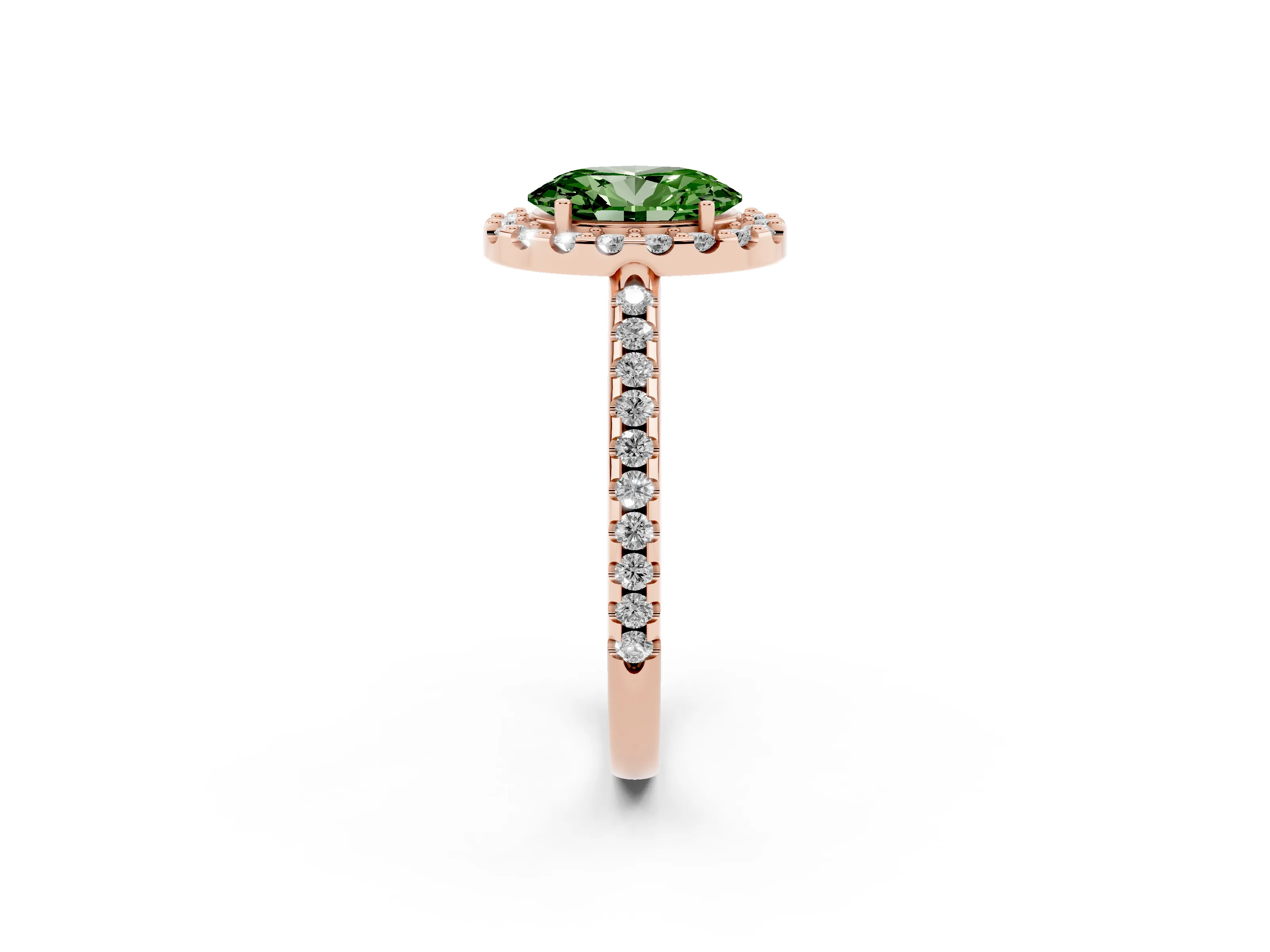 Fancy Green Oval Cut Diamond Pavé Halo Ring Set in Rose gold with Prong Setting