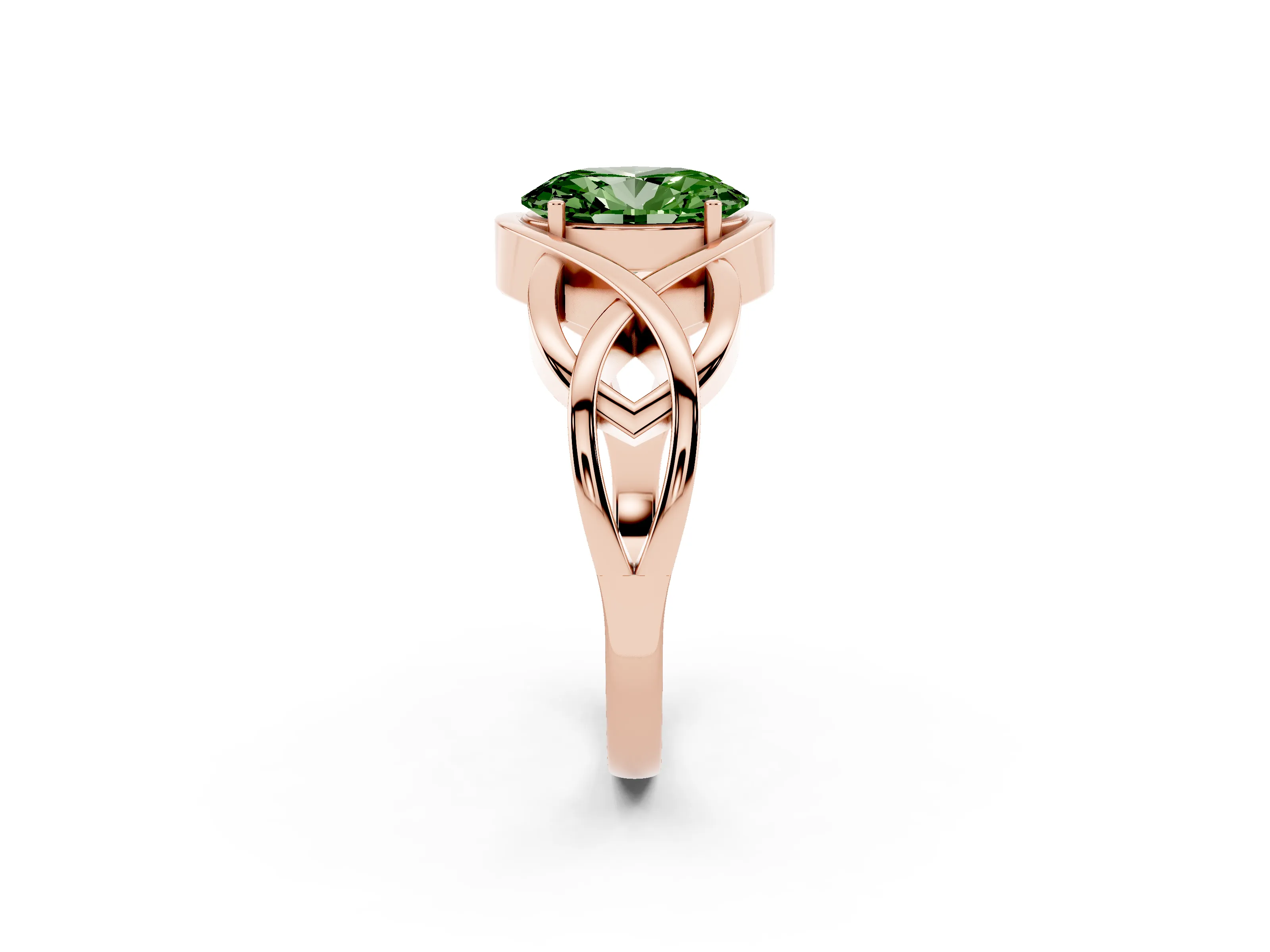 Fancy Green Oval Cut Diamond Solitaire Ring Set in Rose gold with Intertwined Band
