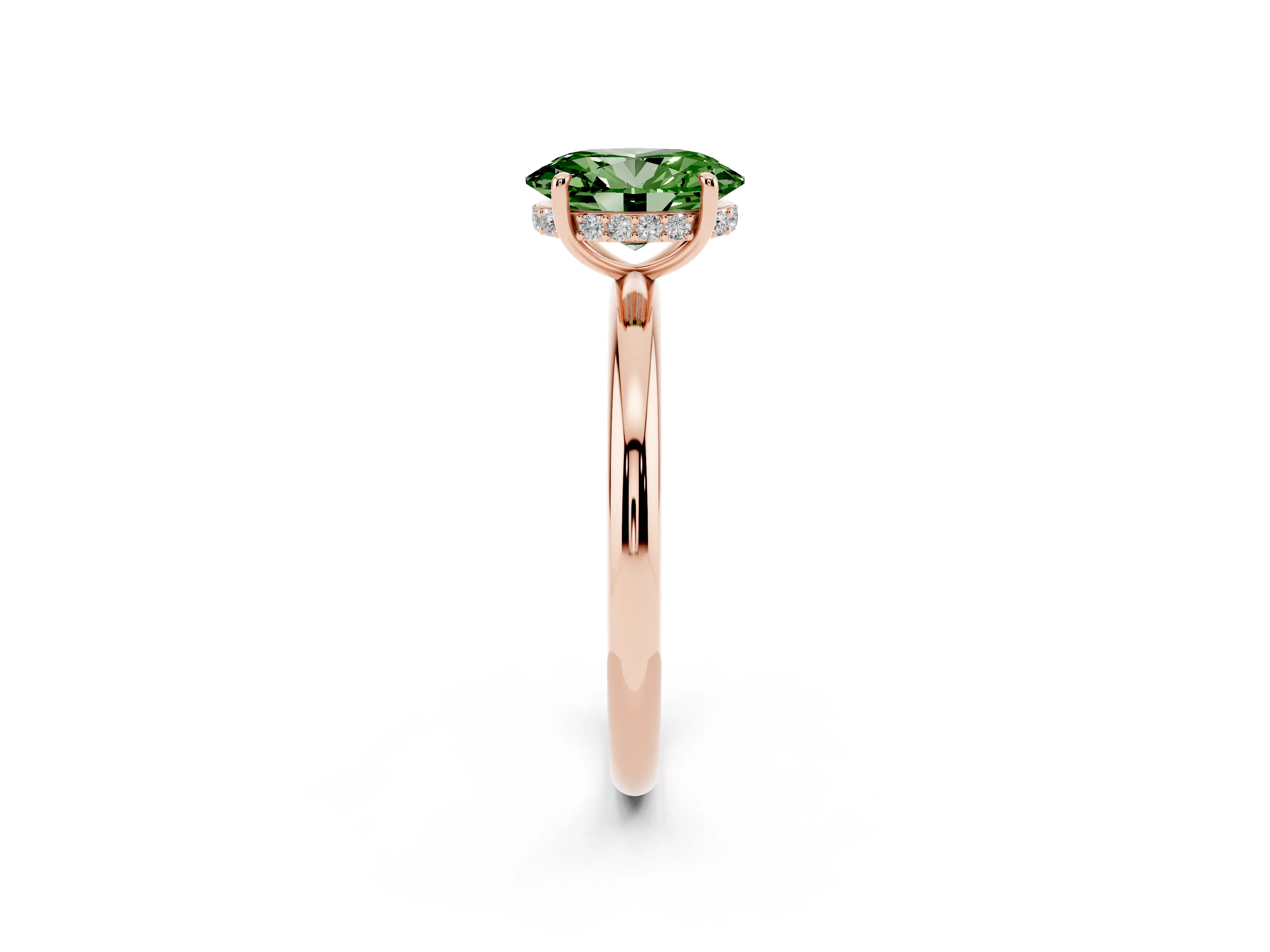 Fancy Green Oval Cut Diamond Solitaire Ring Set in Rose gold with Thin Band and Prong Setting