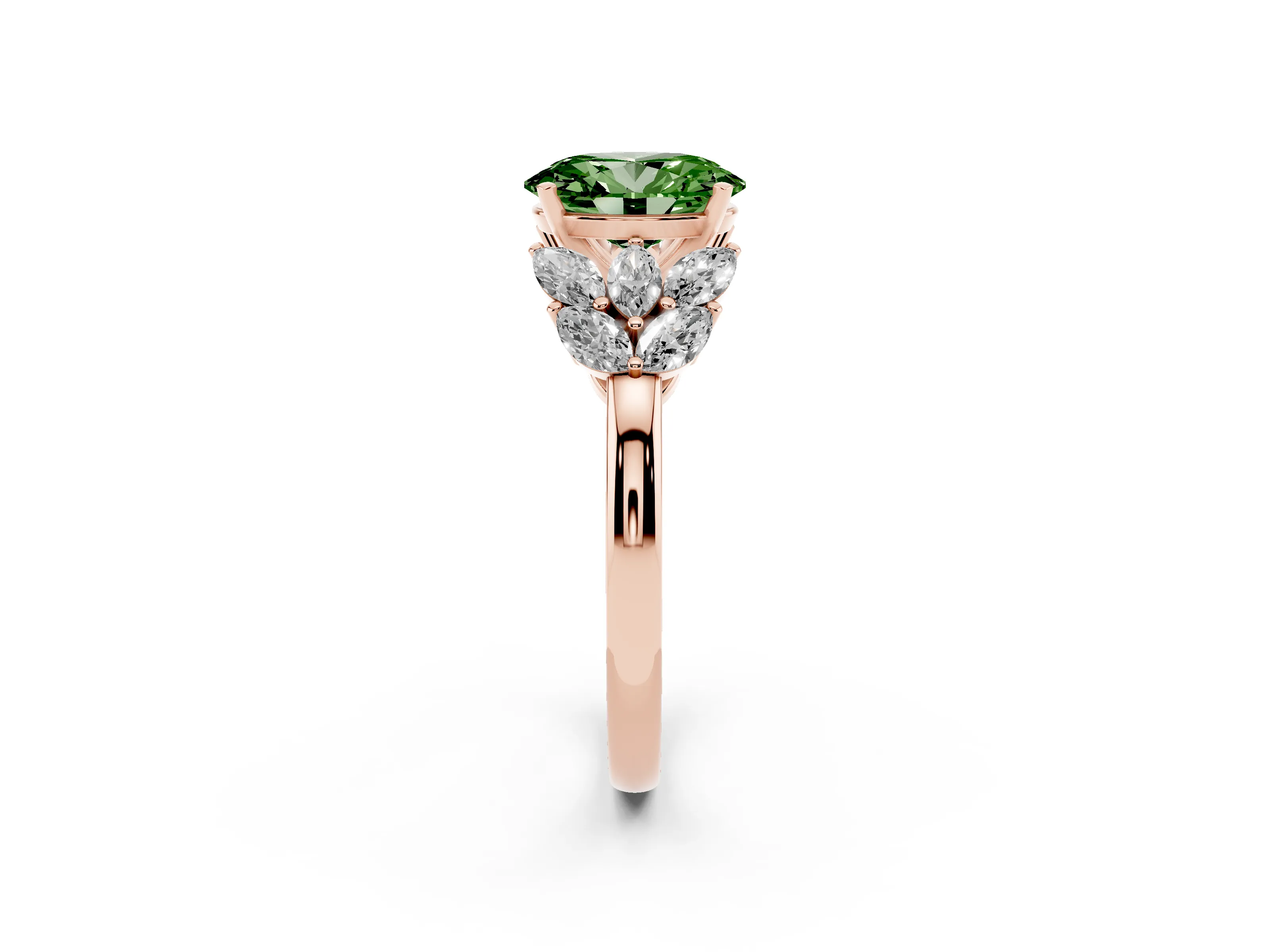 Fancy Green Oval Cut Diamond Cluster Leaf Design Ring Set in Rose gold with Prong Setting