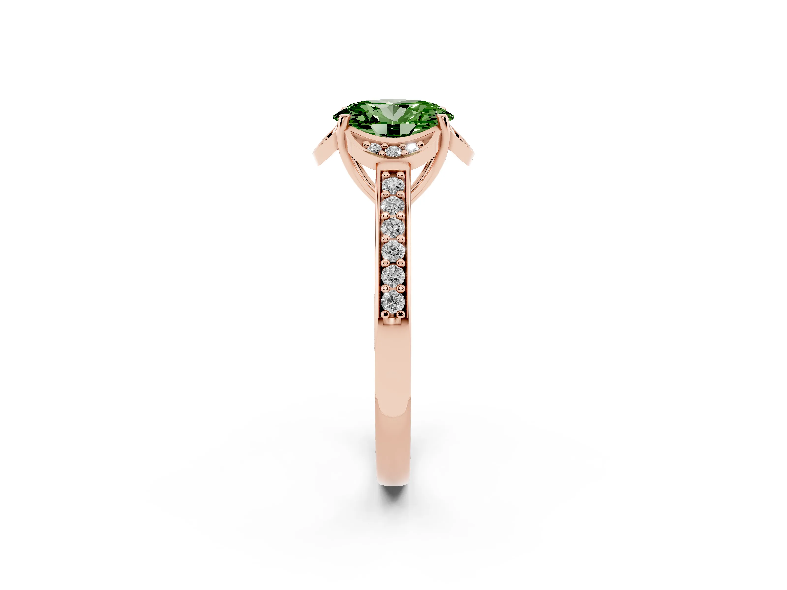 Fancy Green Oval Cut Diamond Halo Ring Set in Rose gold with Channel Set Band and Prong Setting