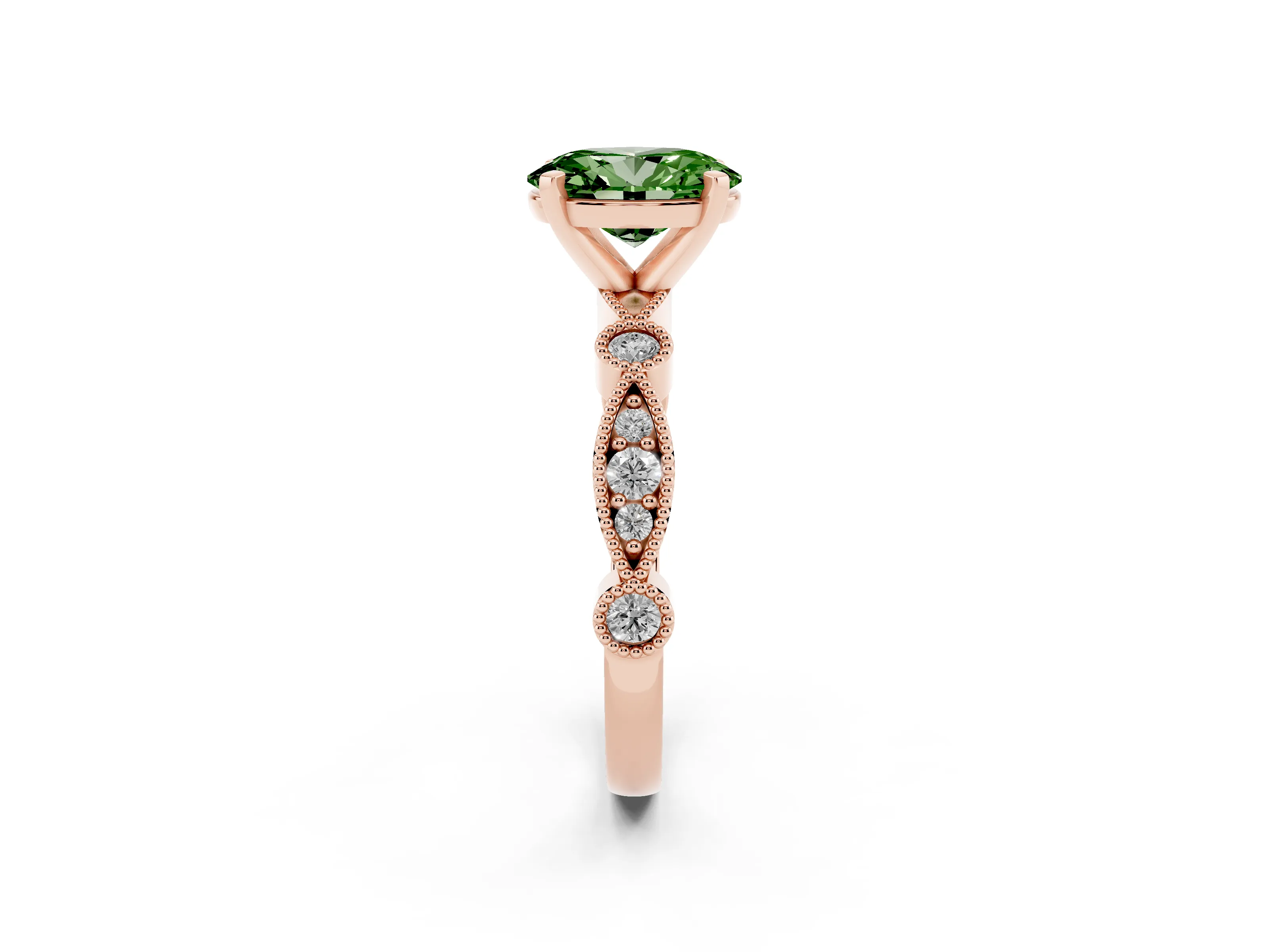 Fancy Green Oval Cut Diamond Solitaire Engagement Ring Set in Rose gold with Milgrain Bezel Accent Band