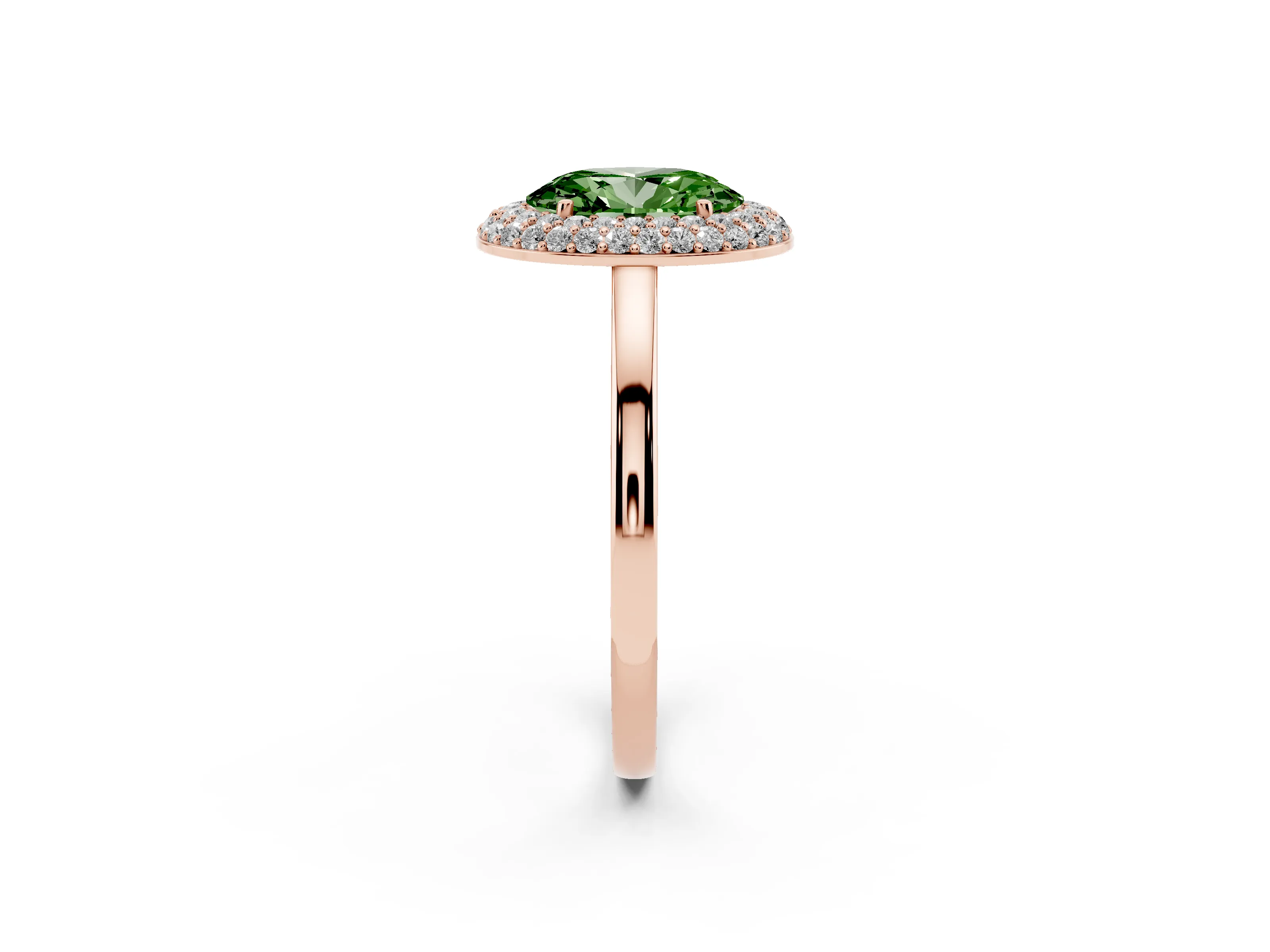 Fancy Green Oval Cut Diamond Halo Engagement Ring Set in Rose gold with Solitaire Band and Prong Setting