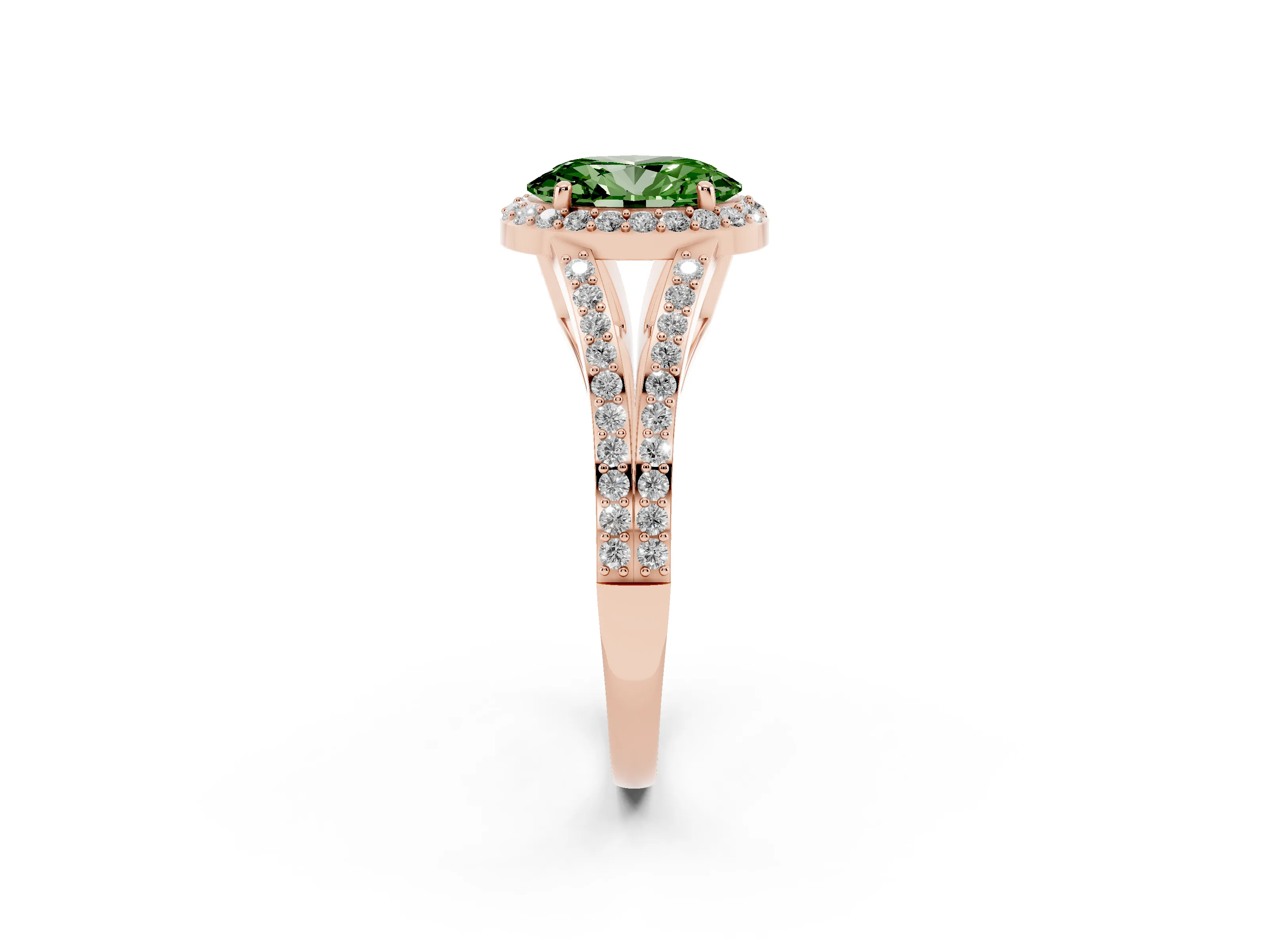 Fancy Green Oval Cut Diamond Halo Split Shank Ring Set in Rose gold with Accent Stones and Prong Setting