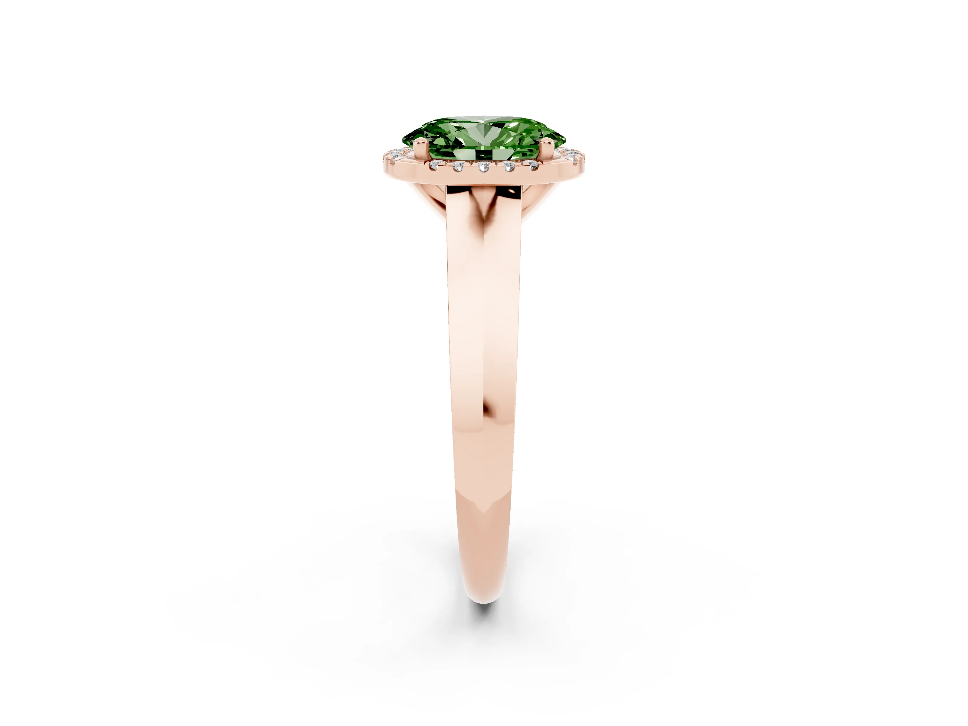 Fancy Green Oval Cut Diamond Halo Ring Set in Rose gold with Cathedral Band and Prong Setting