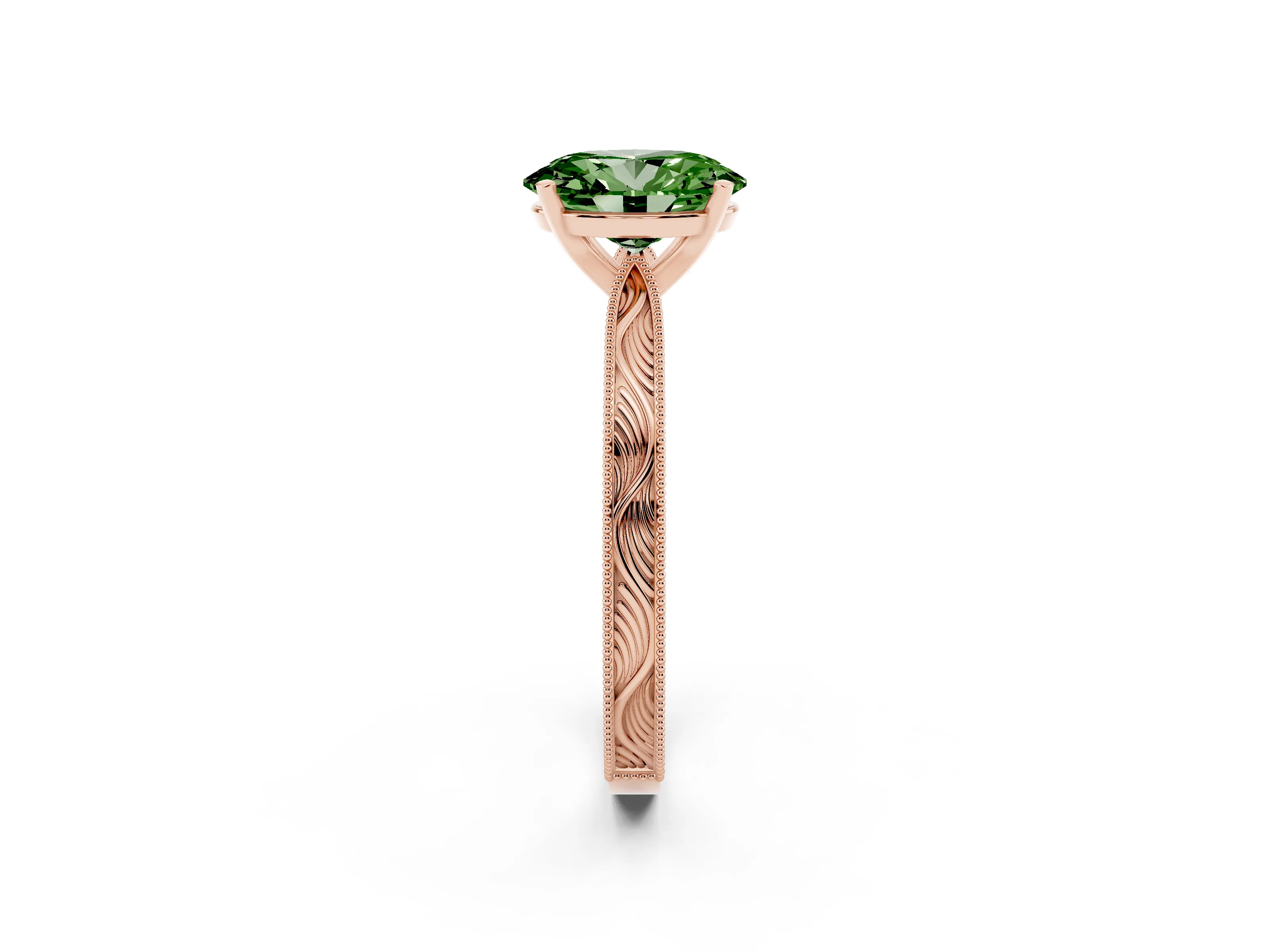 Fancy Green Oval Cut Diamond Solitaire Milgrain Engraved Band Set in Rose gold with Prong Setting