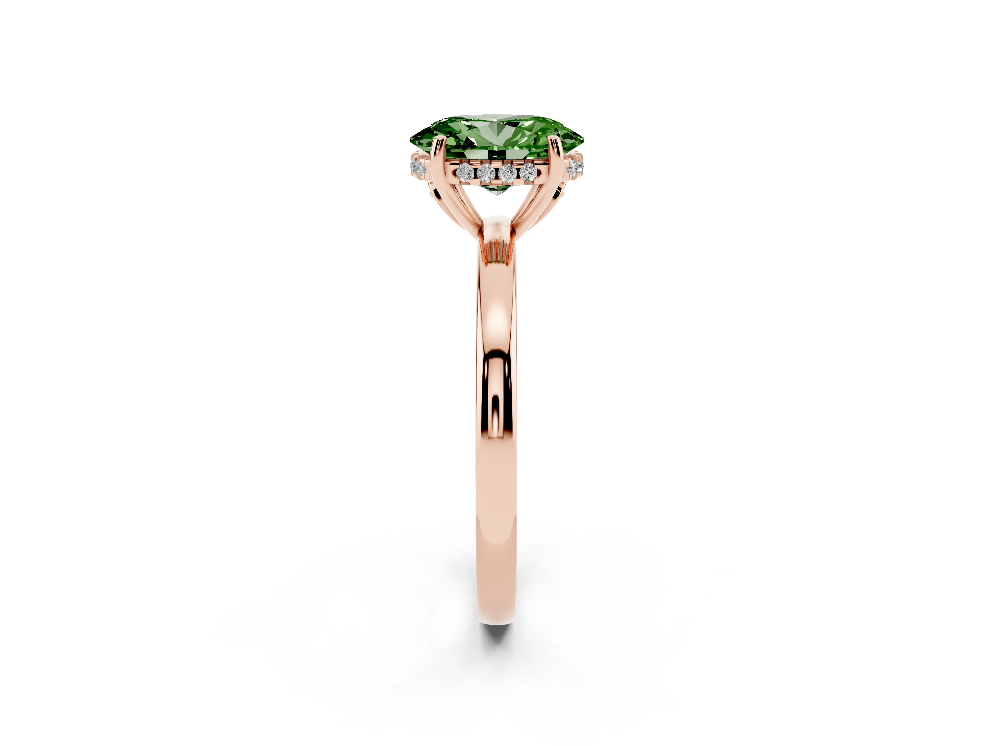 Fancy Green Oval Cut Diamond Solitaire Ring Set in Rose gold with Plain Band and Prong Setting