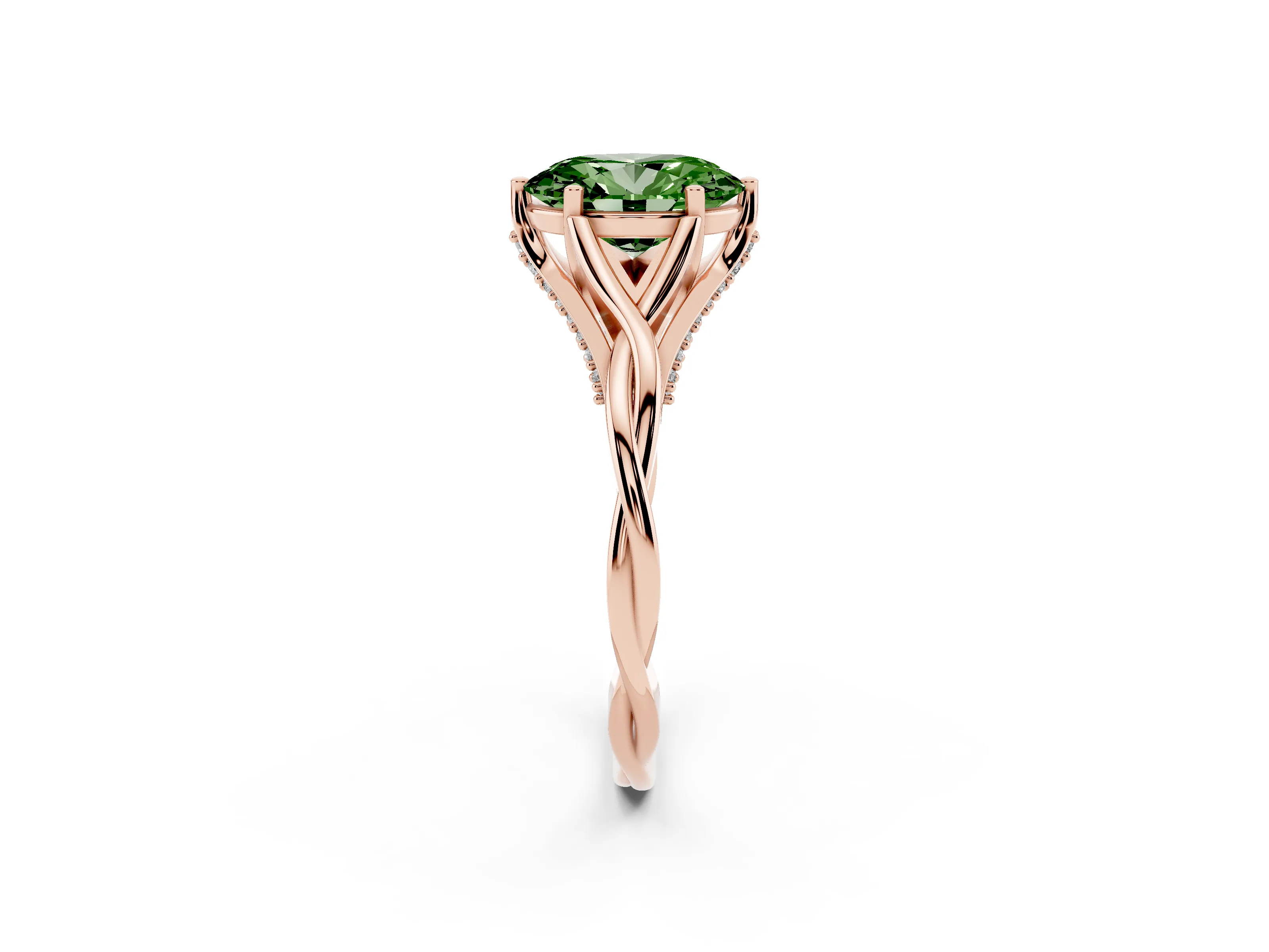 Fancy Green Oval Cut Diamond Intertwined Twist Band Solitaire Ring Set in Rose gold with Prong Setting