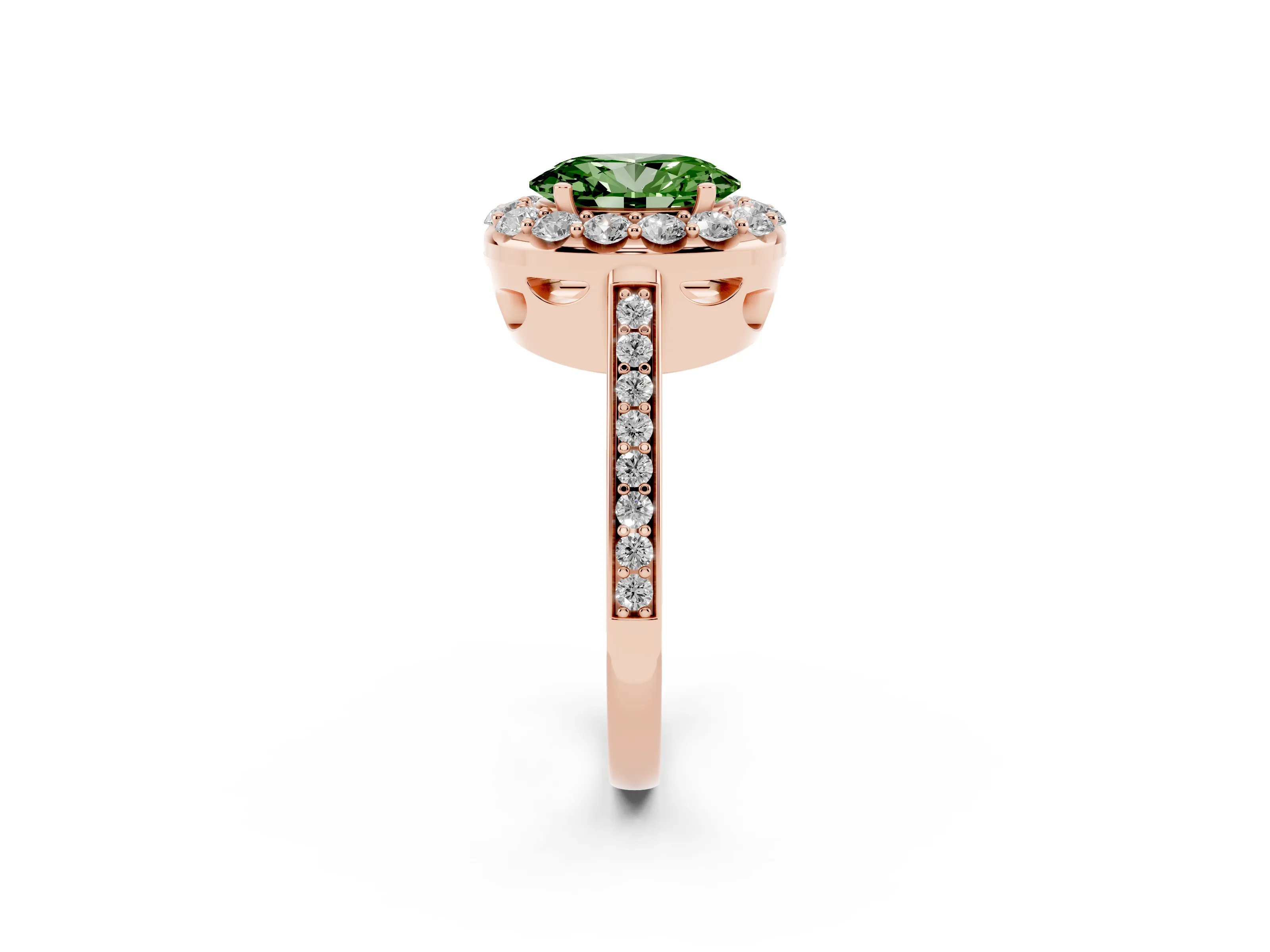 Fancy Green Oval Cut Diamond Floral Halo Ring Set in Rose gold with Pavé Band and Prong Setting