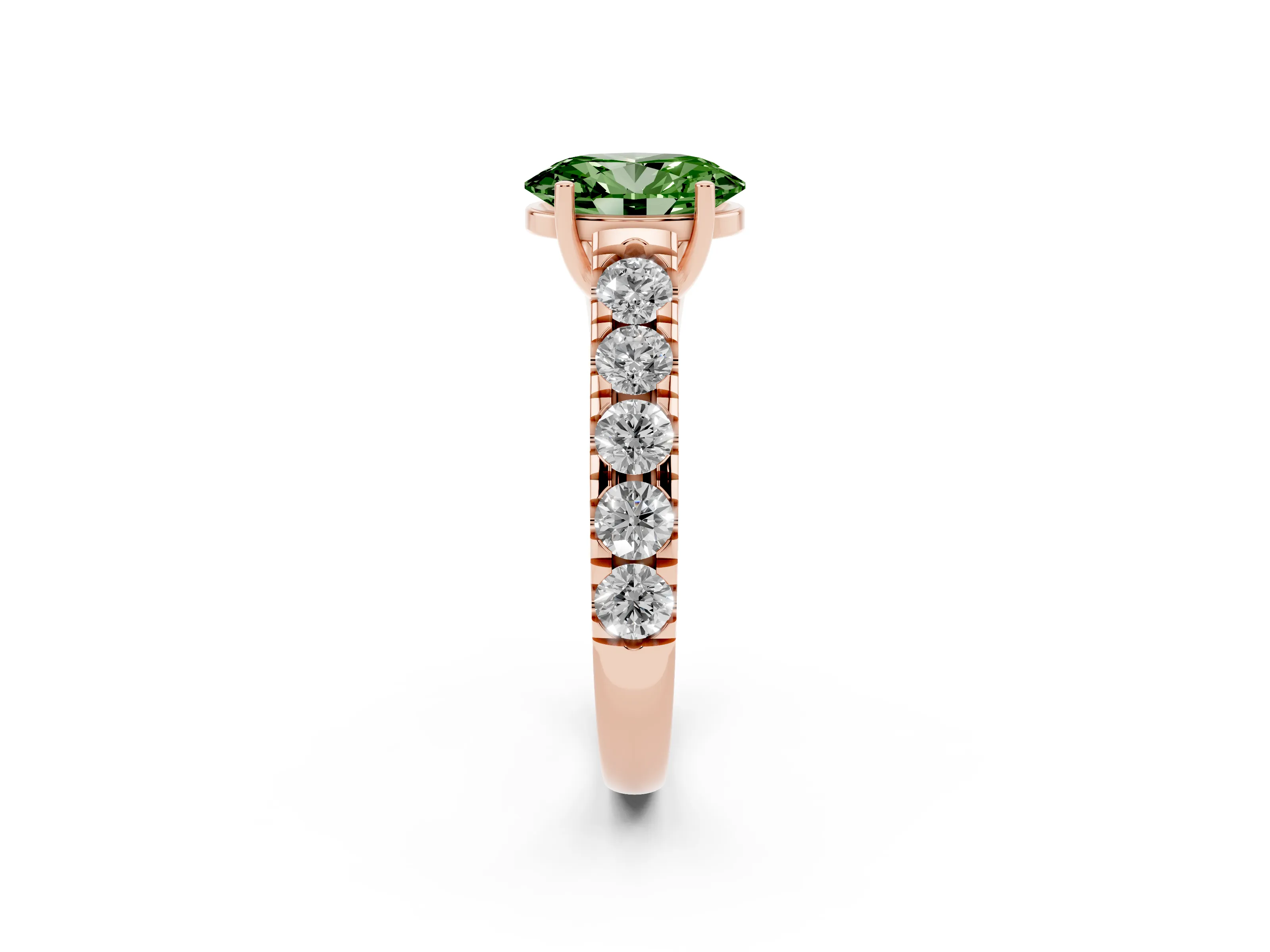 Fancy Green Oval Cut Diamond Solitaire Ring Set in Rose gold with Cut-Down Micro Pavé Band and Prong Setting