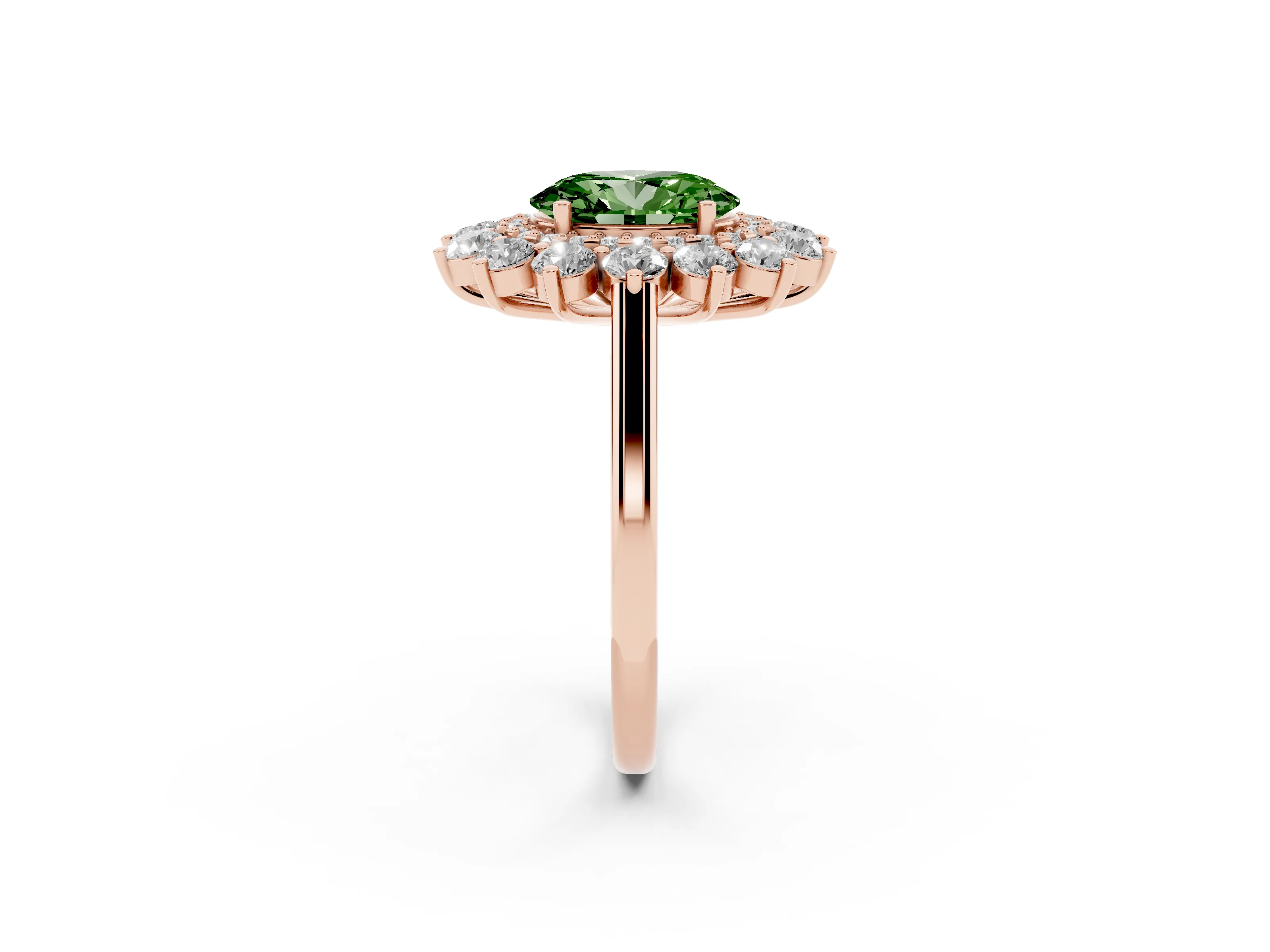 Fancy Green Oval Cut Diamond Floral Double Halo Ring Set in Rose gold with Round Petals