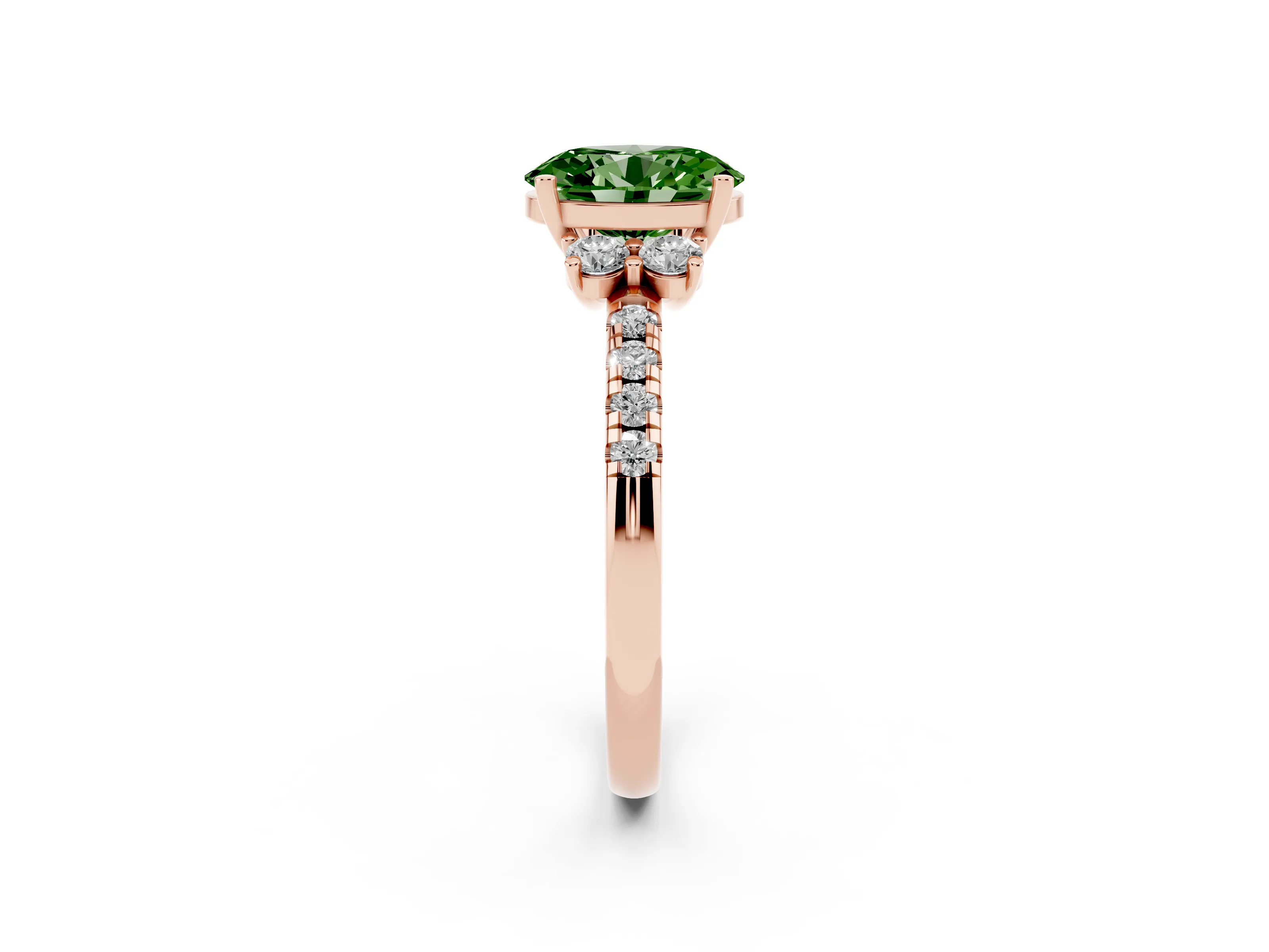 Fancy Green Oval Cut Diamond Three-Stone Pavé Ring Set in Rose gold with Prong Setting