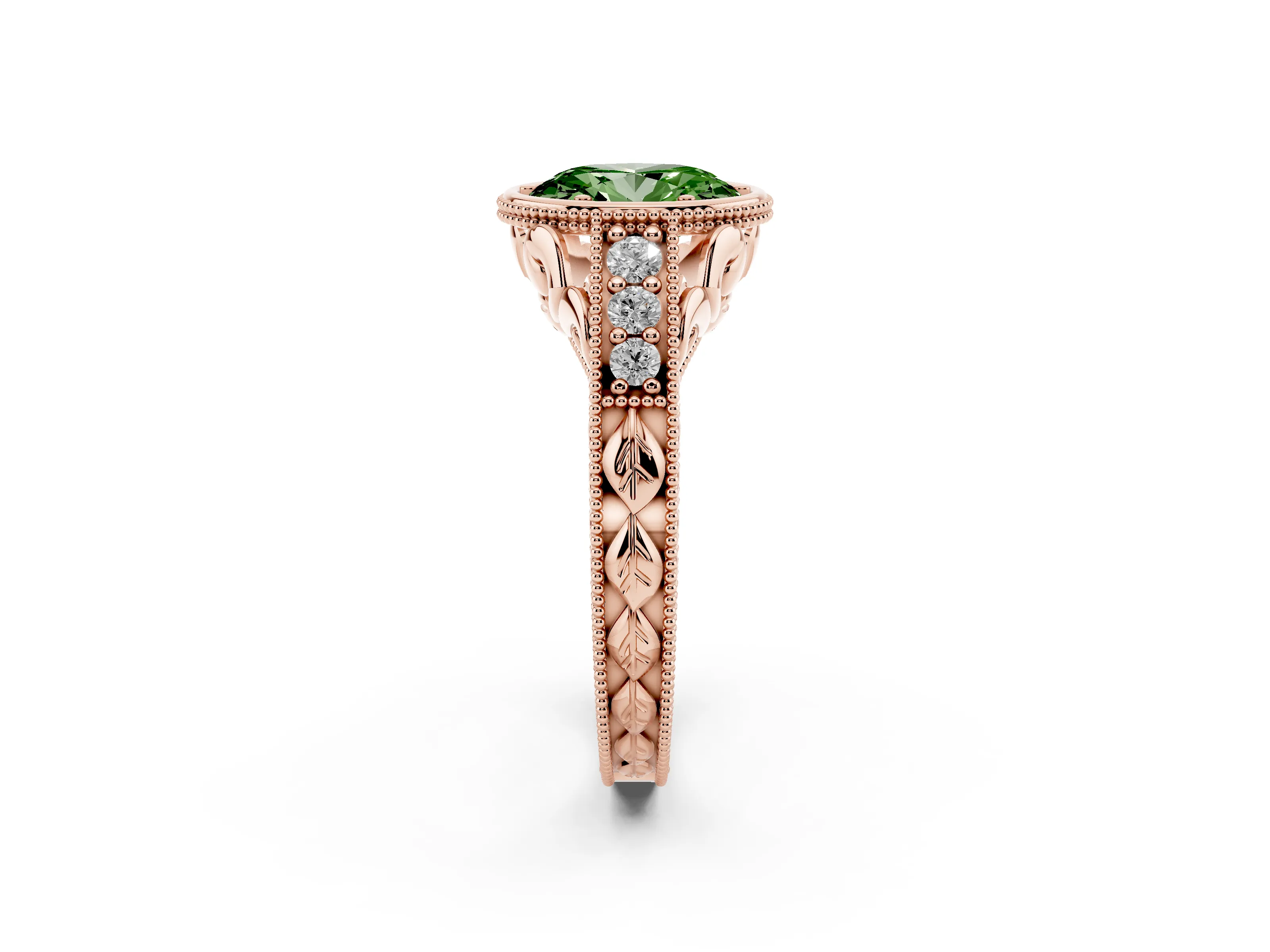 Fancy Green Bezel Set Oval Cut Diamond Milgrain Pavé Engagement Ring Set in Rose gold