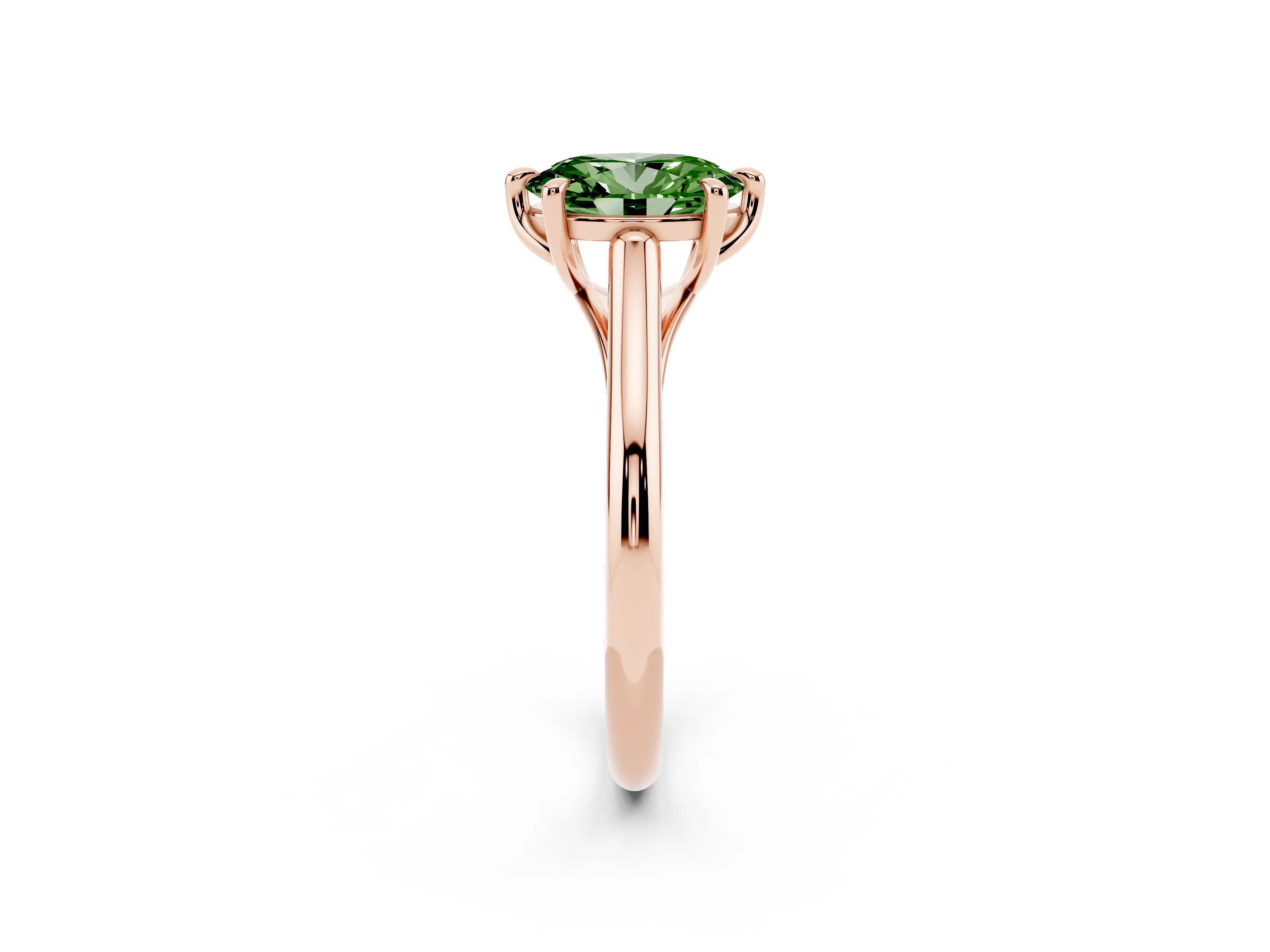 Fancy Green Oval Cut Diamond Solitaire Engagement Ring Set in Rose gold with Prong Setting and Plain Classic Band