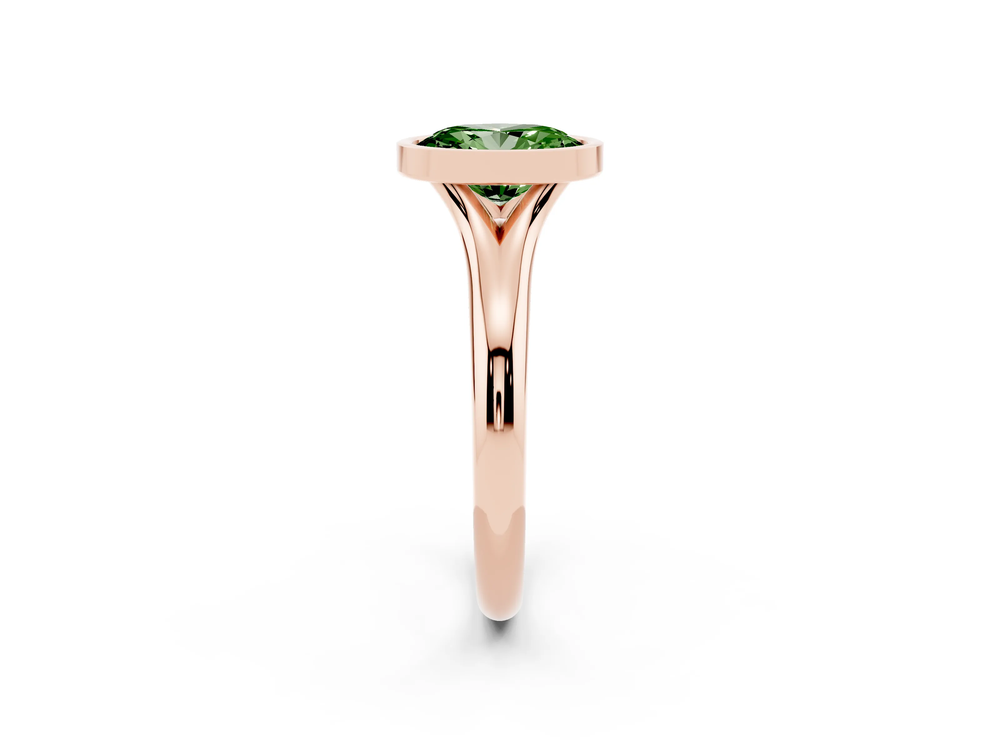 Fancy Green Bezel Set Oval Cut Diamond Solitaire Ring Set in Rose gold with Smooth Band