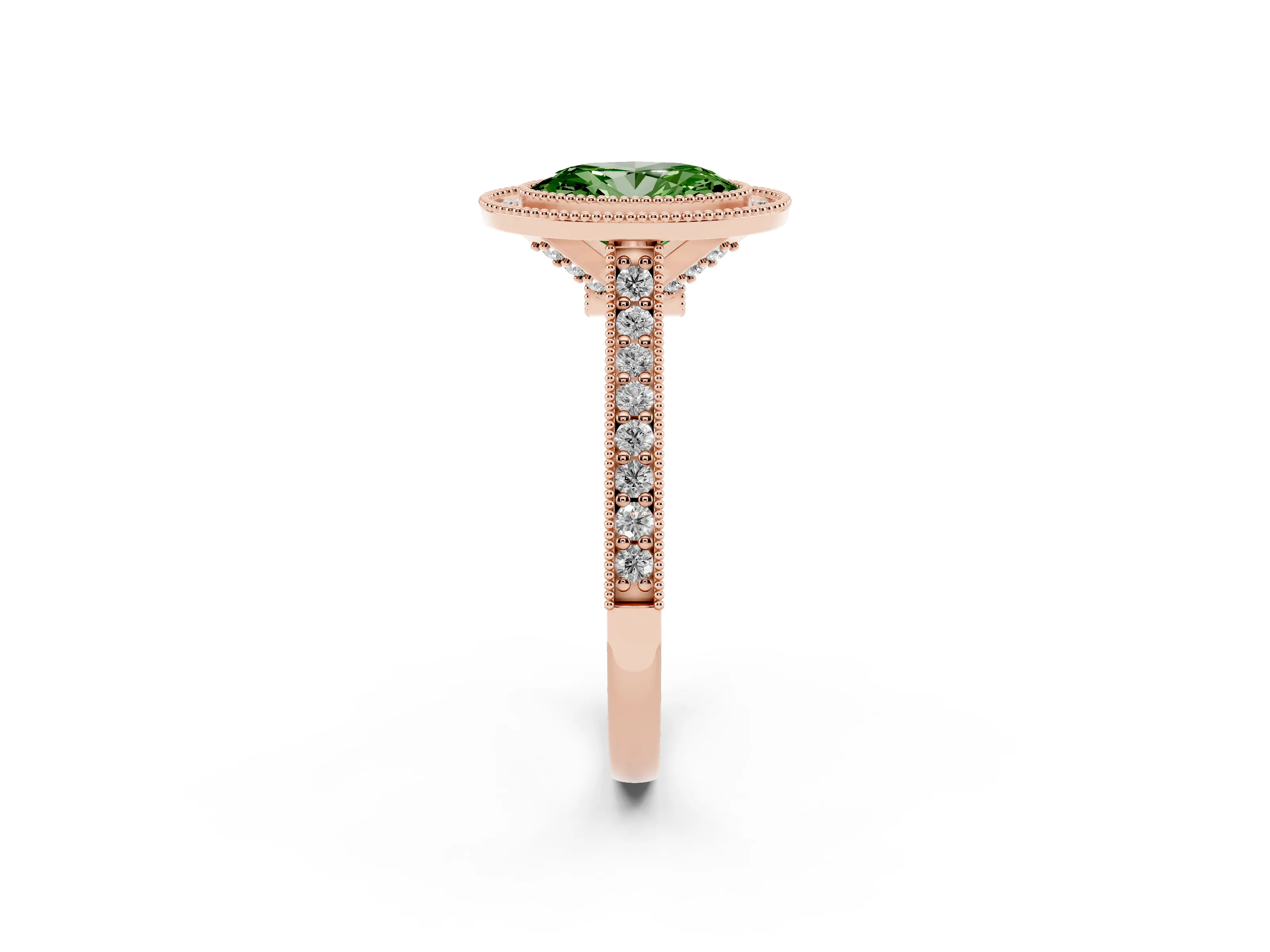 Fancy Green Oval Cut Diamond Halo Milgrain Pavé Band Ring Set in Rose gold with Prong Setting