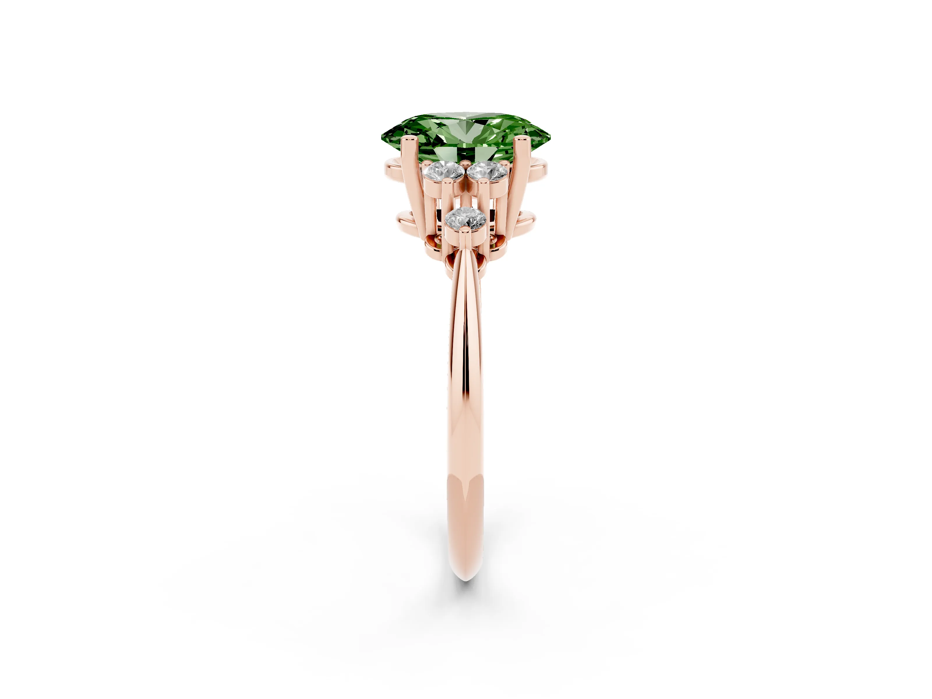 Fancy Green Oval Cut Diamond Cluster Ring Set in Rose gold with Plain Band and Prong Setting