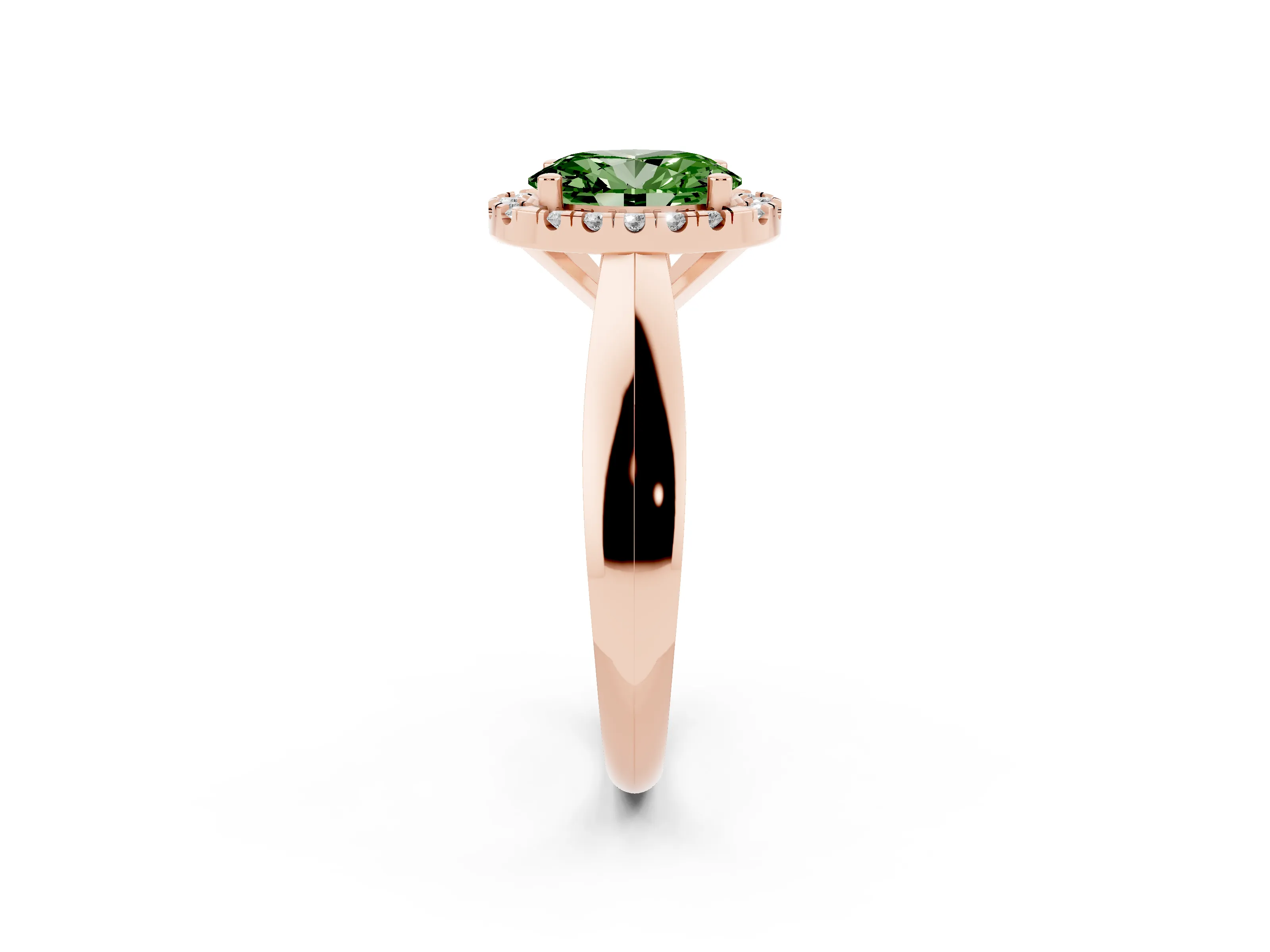 Fancy Green Oval Cut Diamond Halo Solitaire Engagement Ring Set in Rose gold with Square Band and Prong Setting