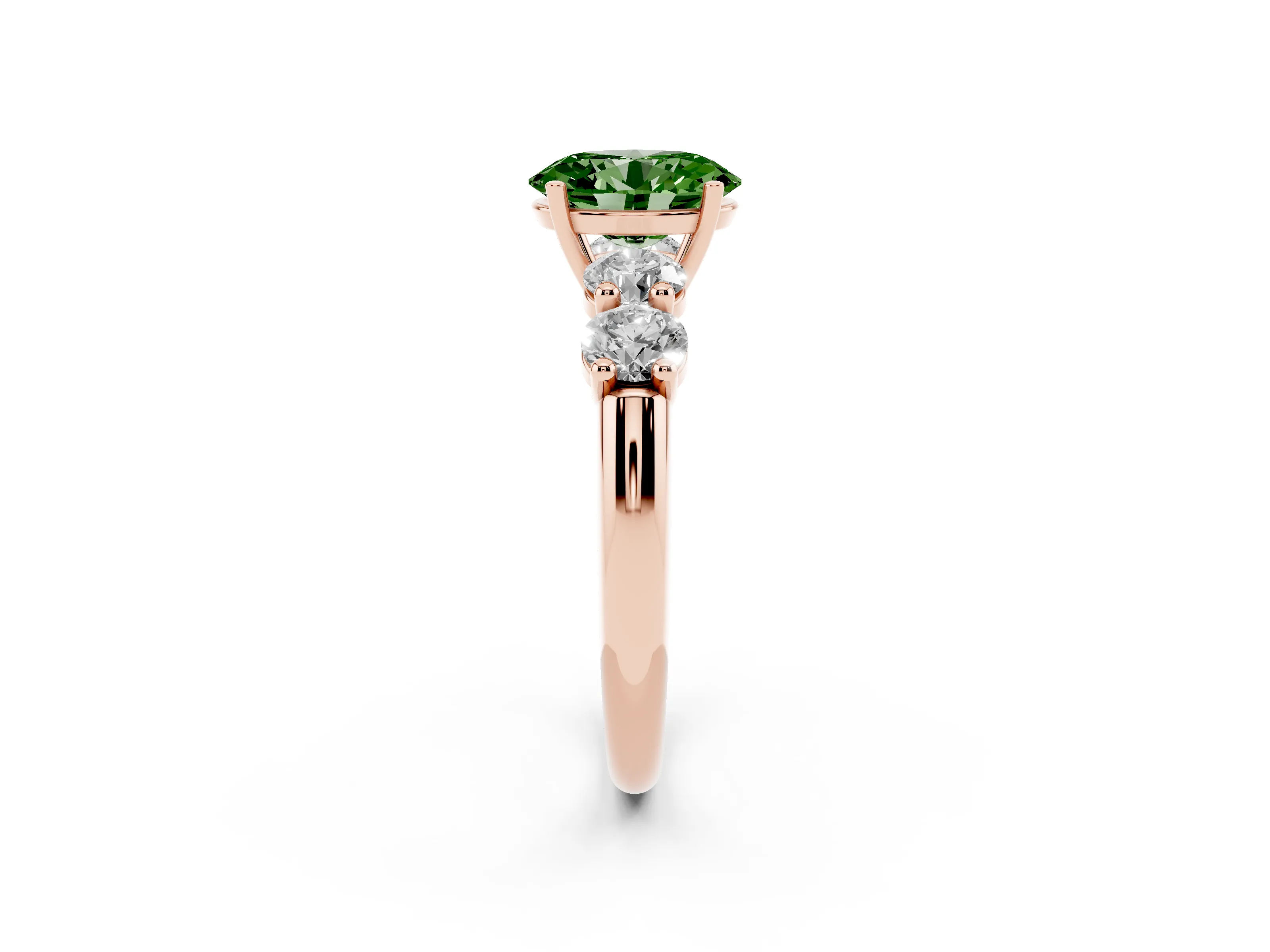 Fancy Green Oval Cut Diamond Five-Stone Prong Set Ring Set in Rose gold with Classic Band