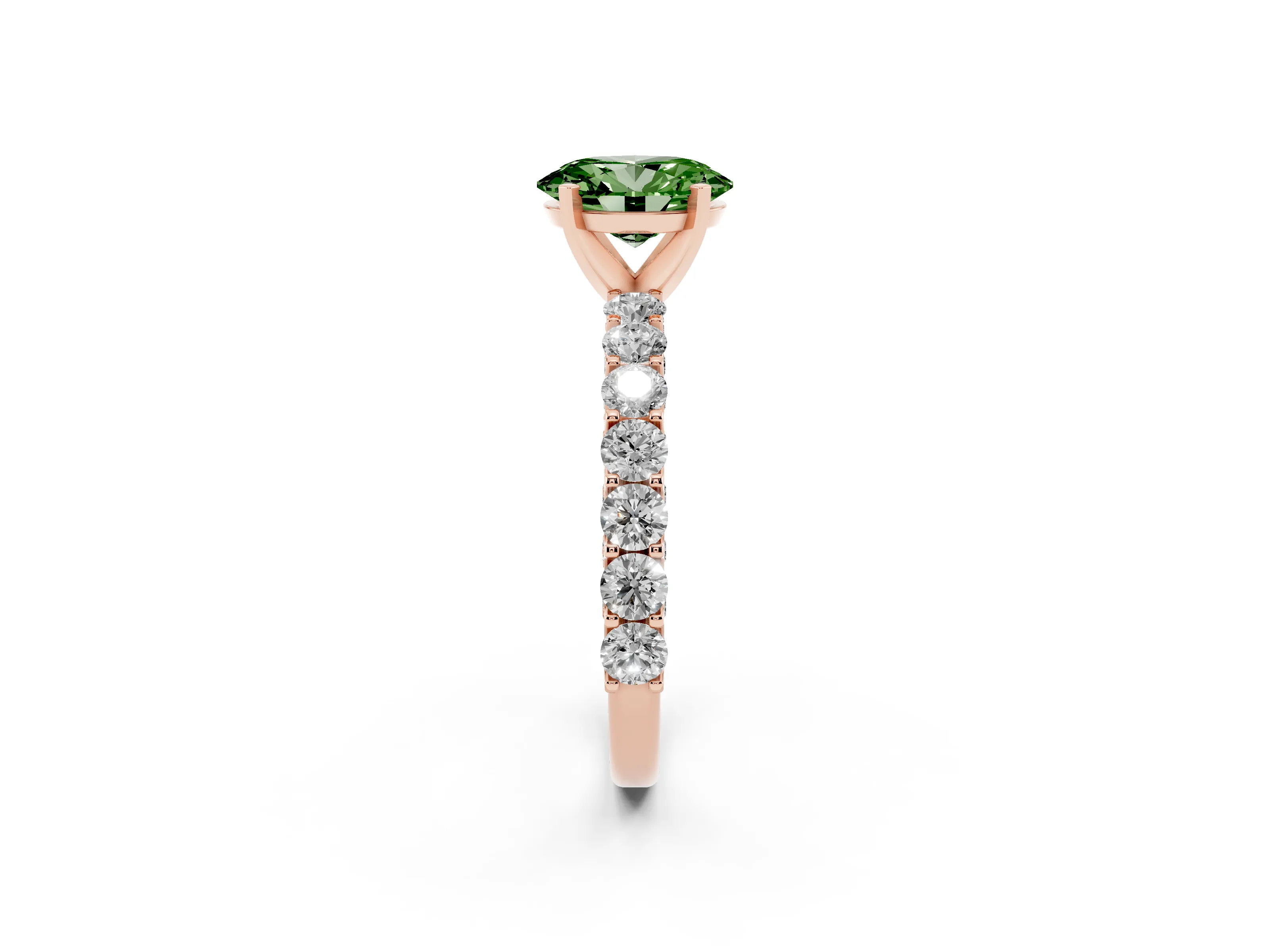 Fancy Green Oval Cut Diamond Solitaire Ring Set in Rose gold with Shared Prong Pavé Band