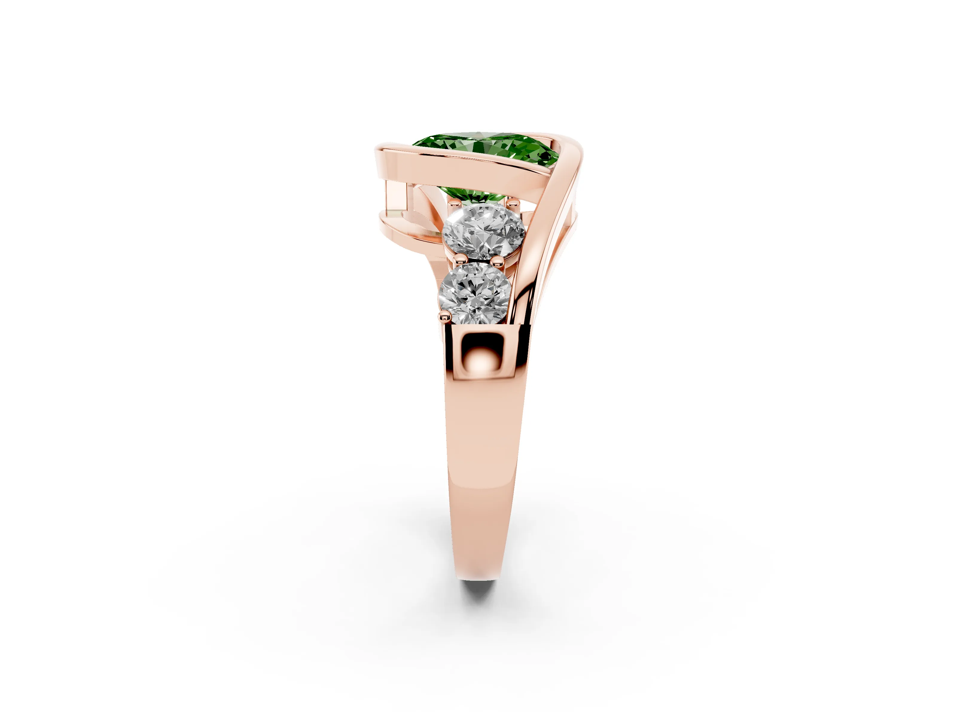 Fancy Green Oval Cut Diamond Bezel Bypass Ring Set in Rose gold with Round Accents