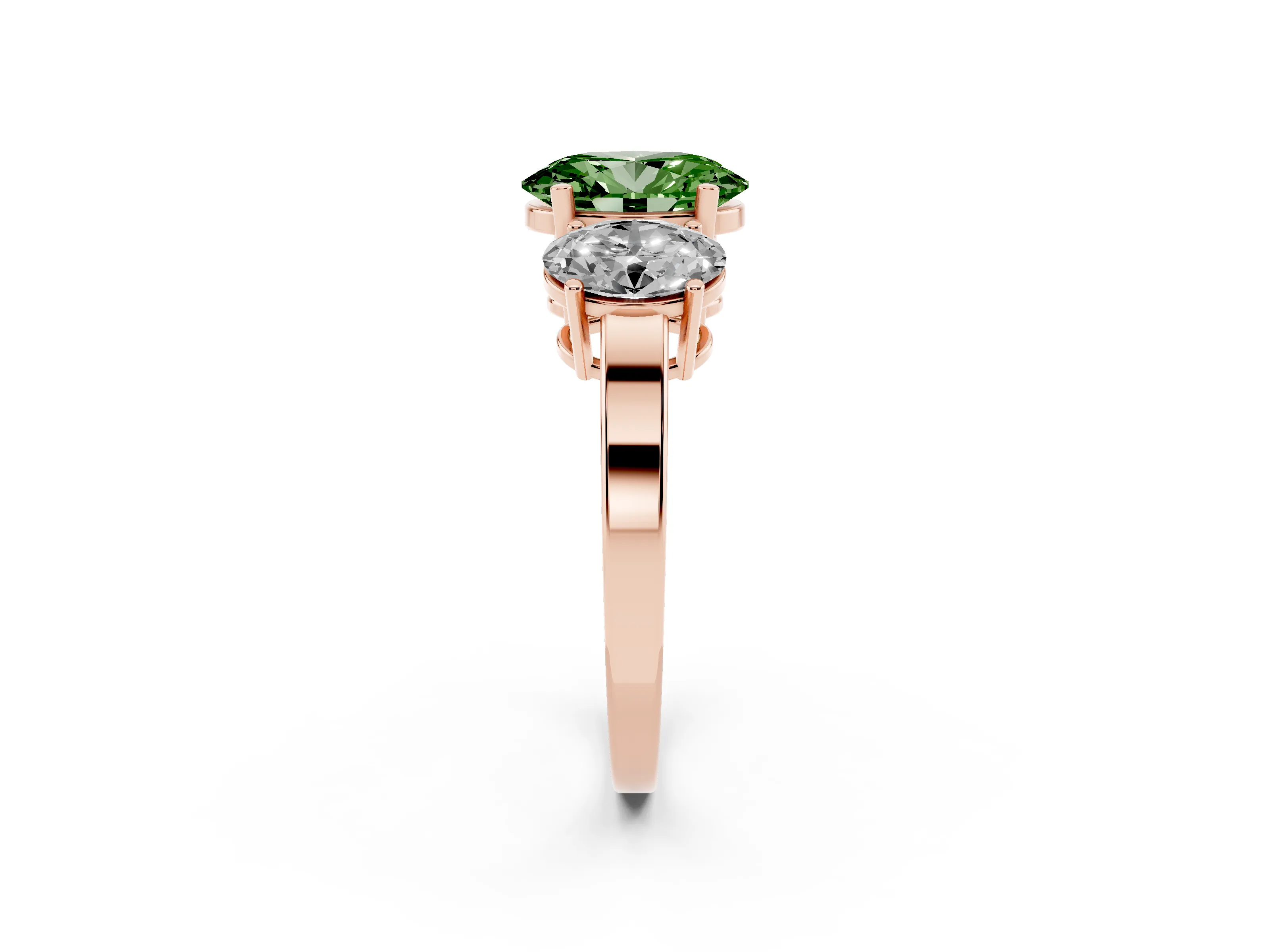 Fancy Green Oval Cut Diamond Three-Stone Engagement Ring Set in Rose gold with Flat Band
