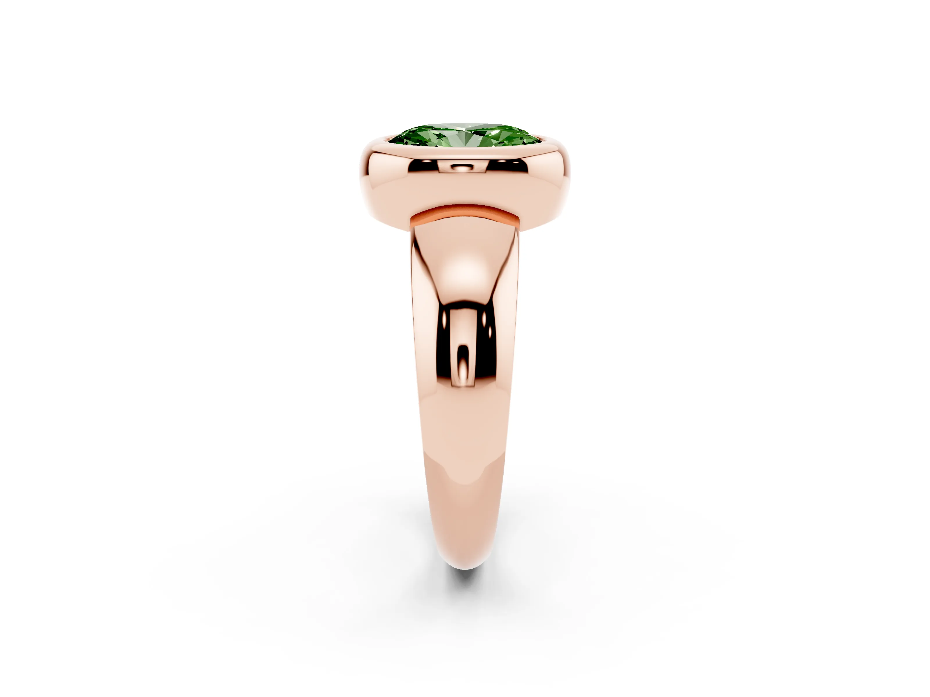 Fancy Green Bezel Set Oval Cut Diamond Solitaire Ring Set in Rose gold with Wide Band