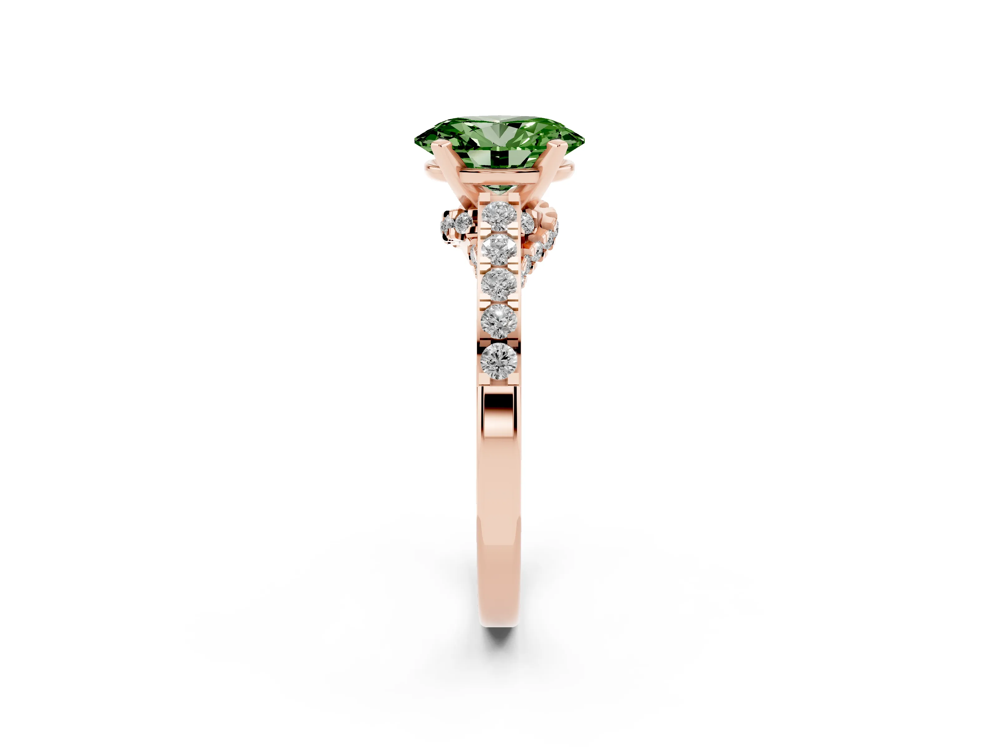 Fancy Green Oval Cut Diamond Solitaire Ring Set in Rose gold with Crossover Gallery and Round Pavé Band
