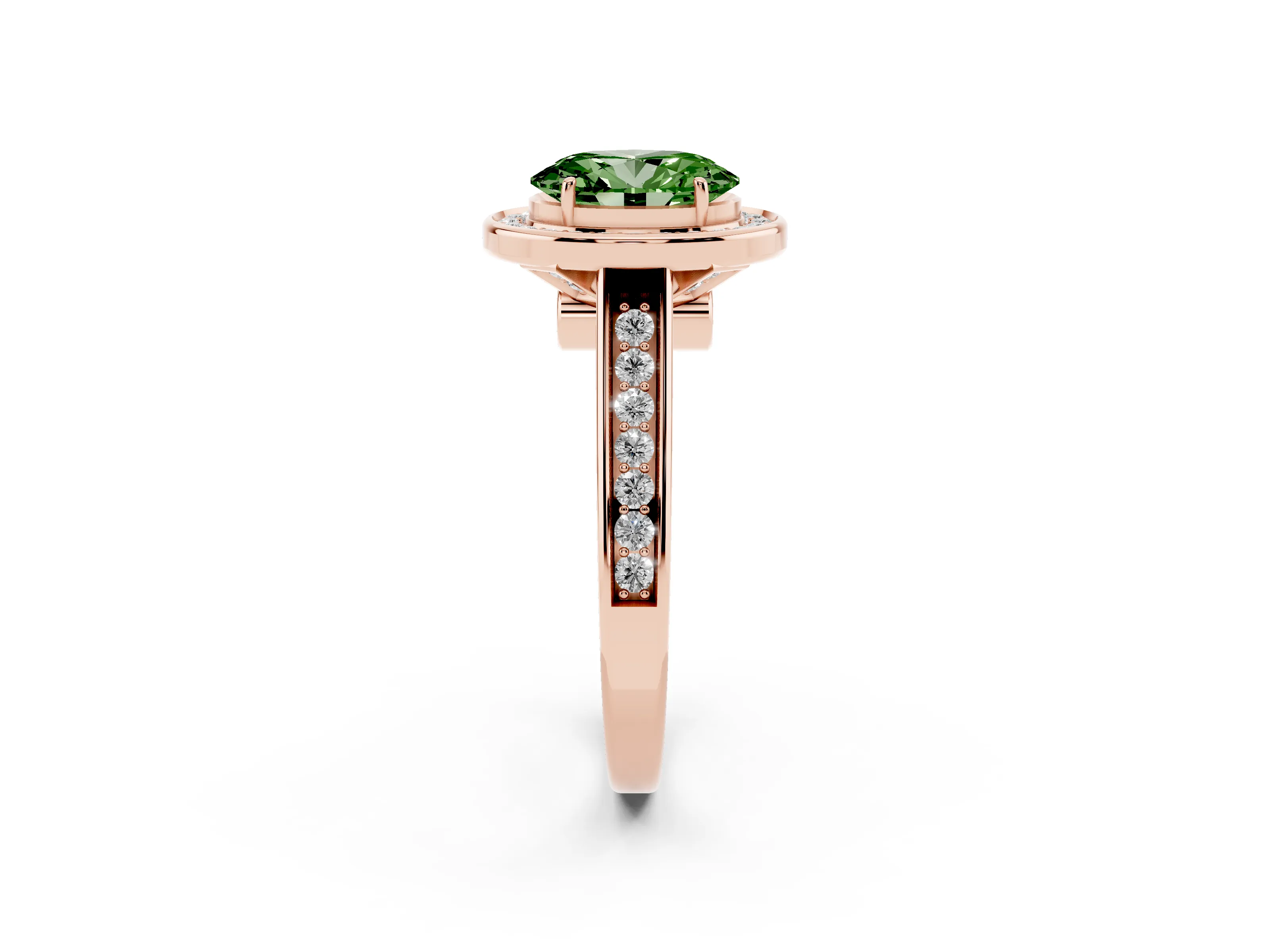 Fancy Green Oval Cut Diamond Halo Solitaire Ring Set in Rose gold with Pavé Band and Bezel Setting
