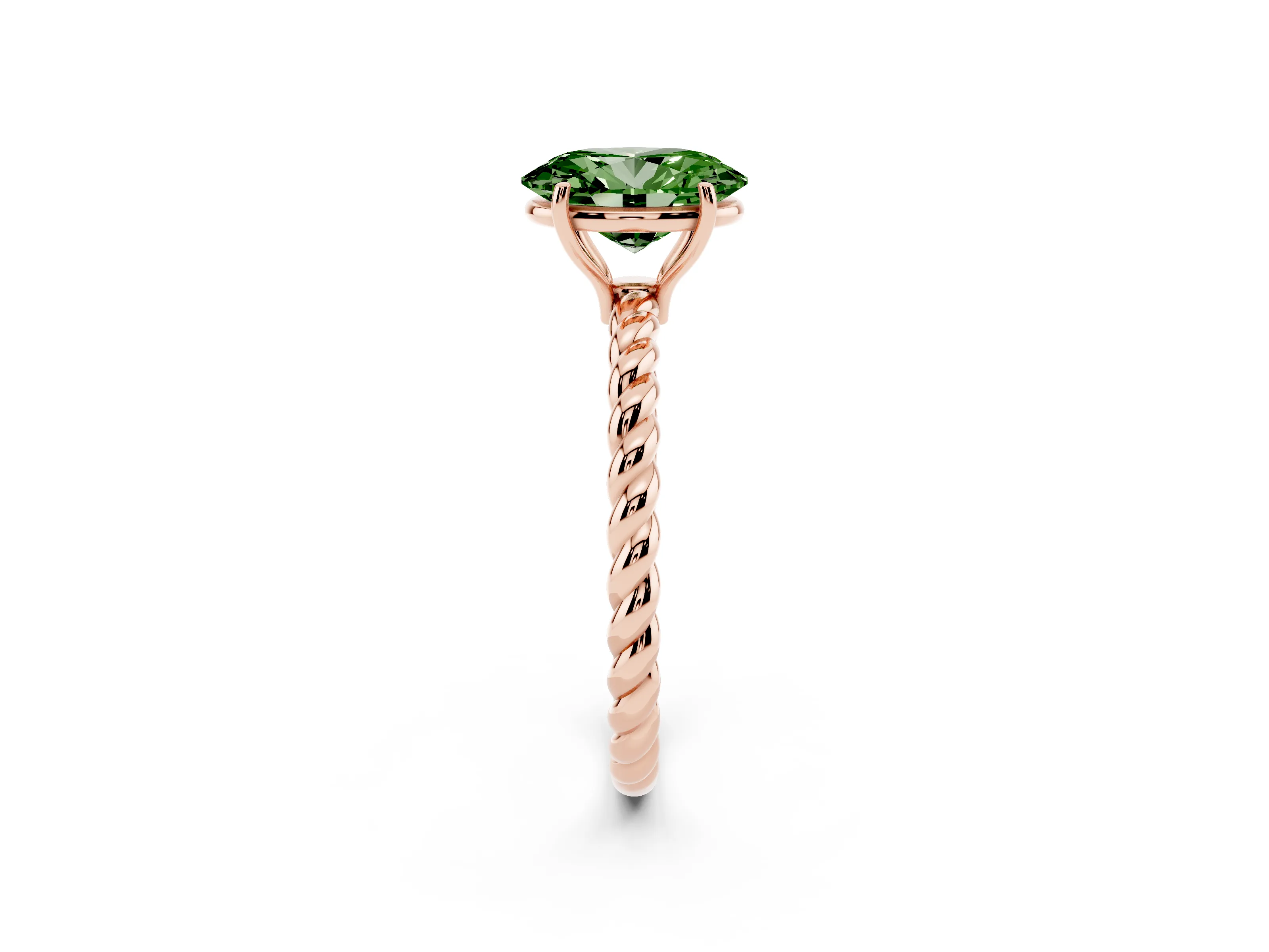 Fancy Green Oval Cut Diamond Solitaire Ring Set in Rose gold with Twist Band and Prong Setting