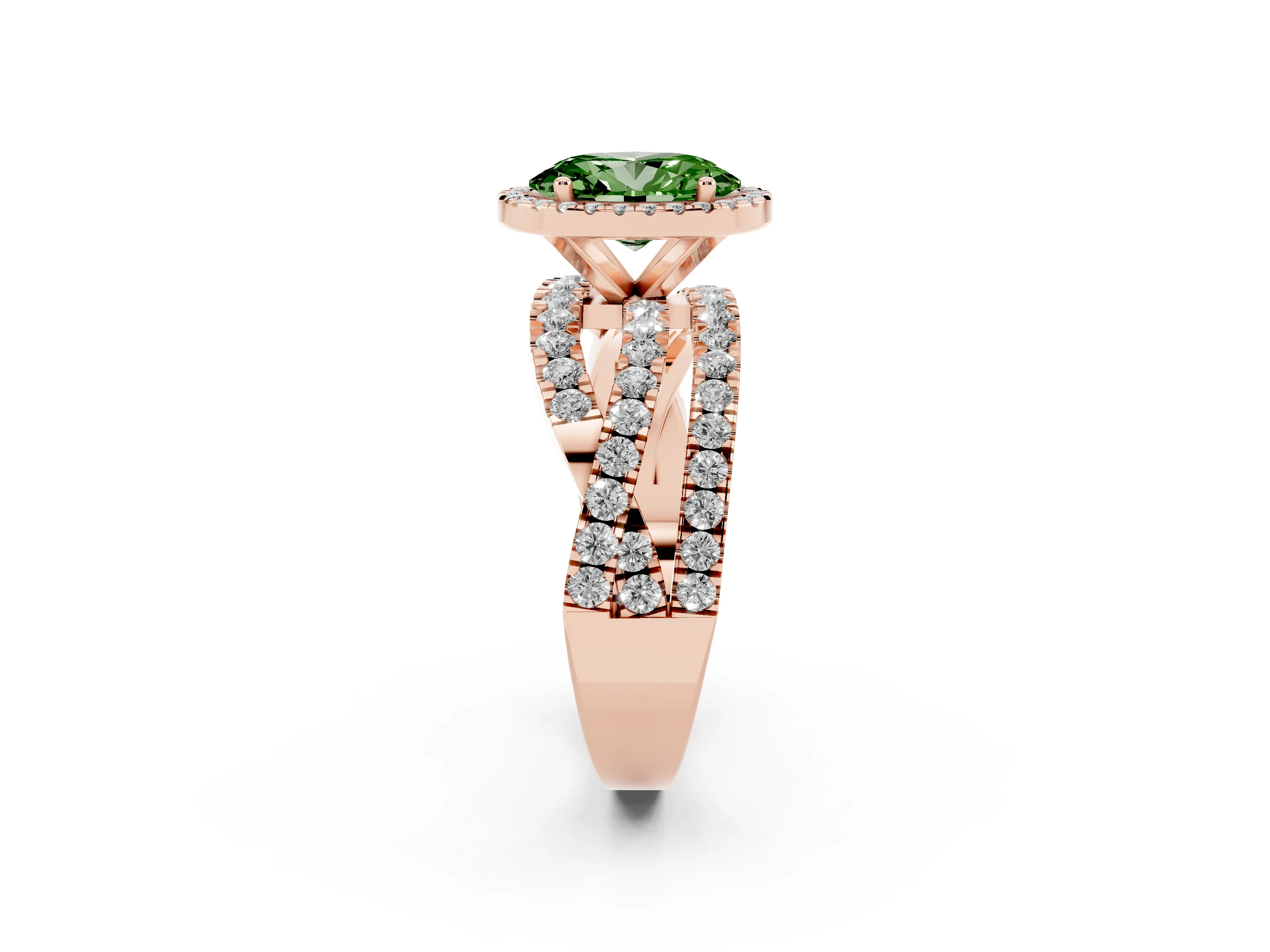 Fancy Green Oval Cut Diamond Halo Ring Set in Rose gold with Round Crossover Split Shank and Prong Setting