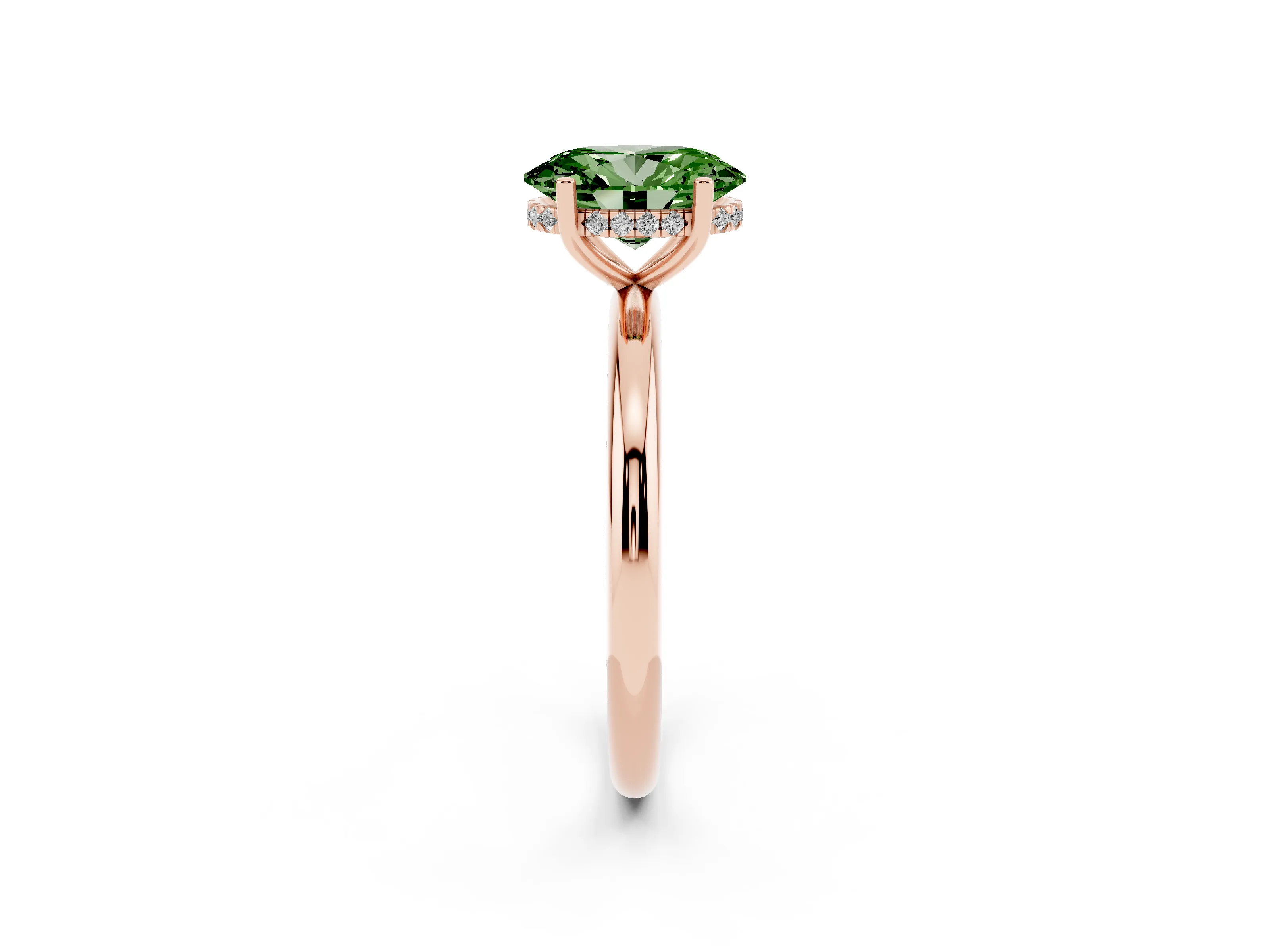 Fancy Green Oval Cut Diamond Solitaire Engagement Ring Set in Rose gold with Prong Setting and Polished Band