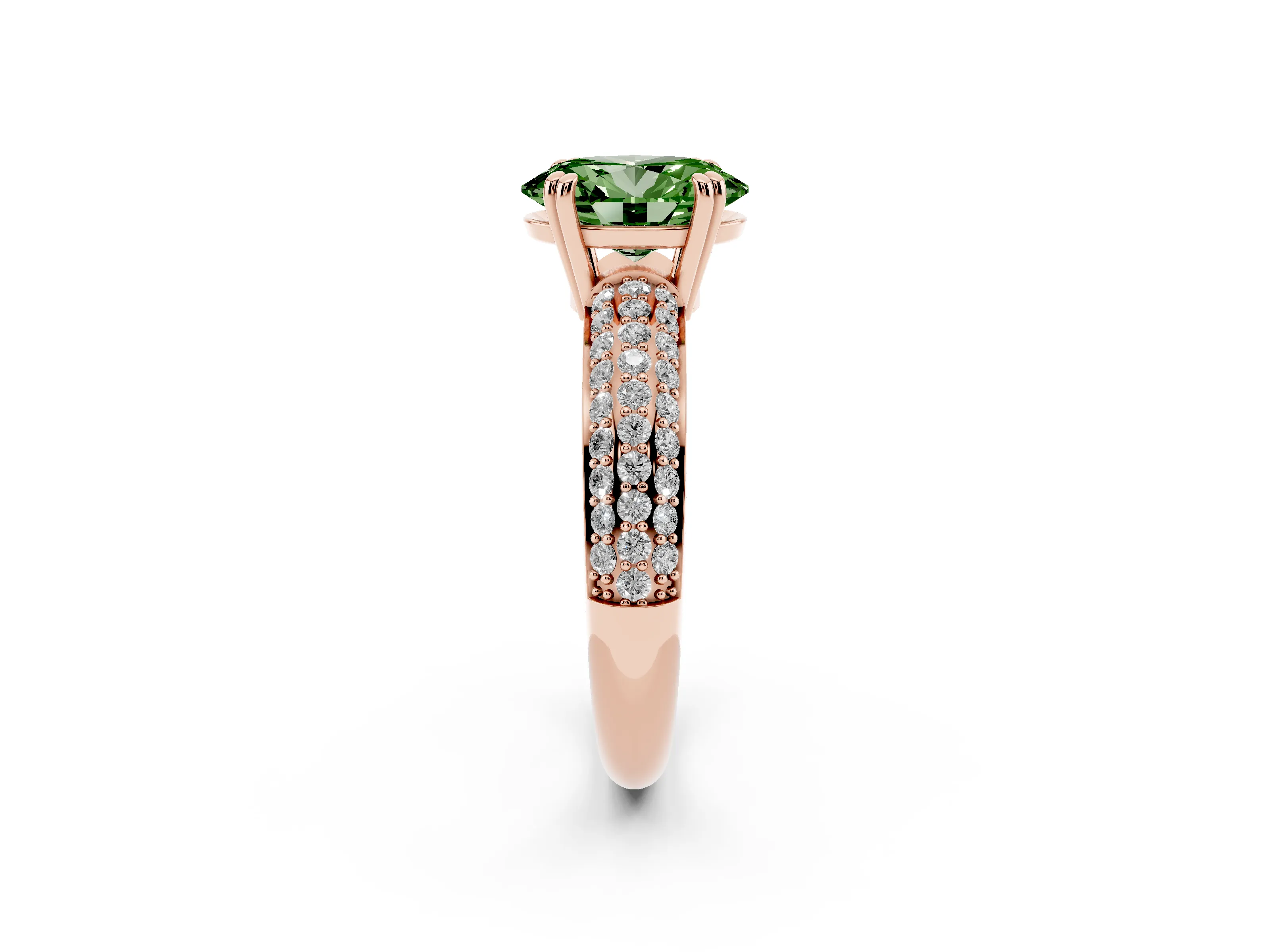 Fancy Green Oval Cut Diamond Solitaire Ring Set in Rose gold with Multi-Row Round Pavé Band and Prong Setting