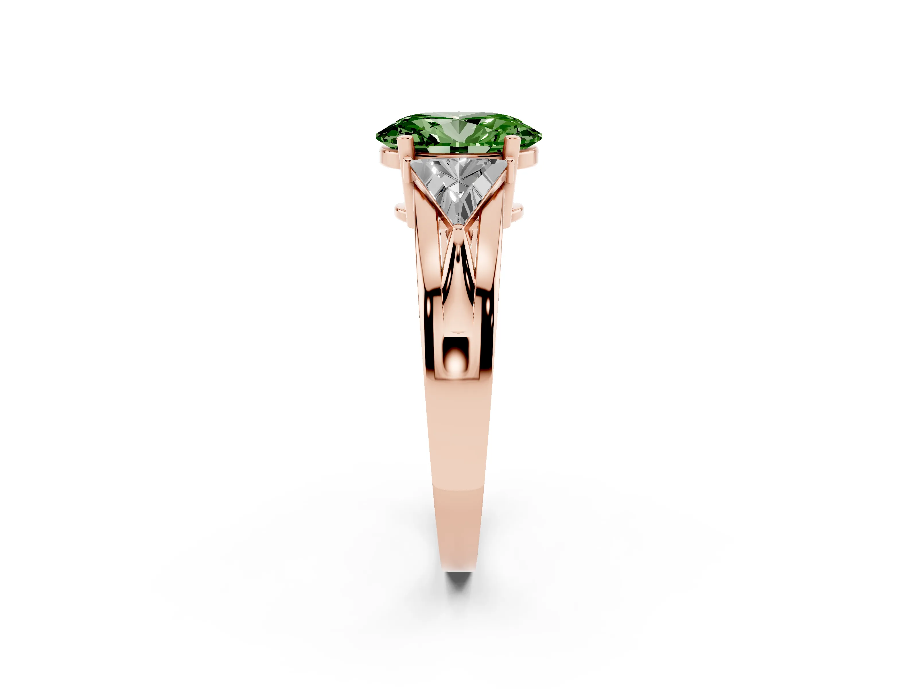 Fancy Green Oval Cut Diamond Three-Stone Ring Set in Rose gold with Trillion Side Stones and Split Shank