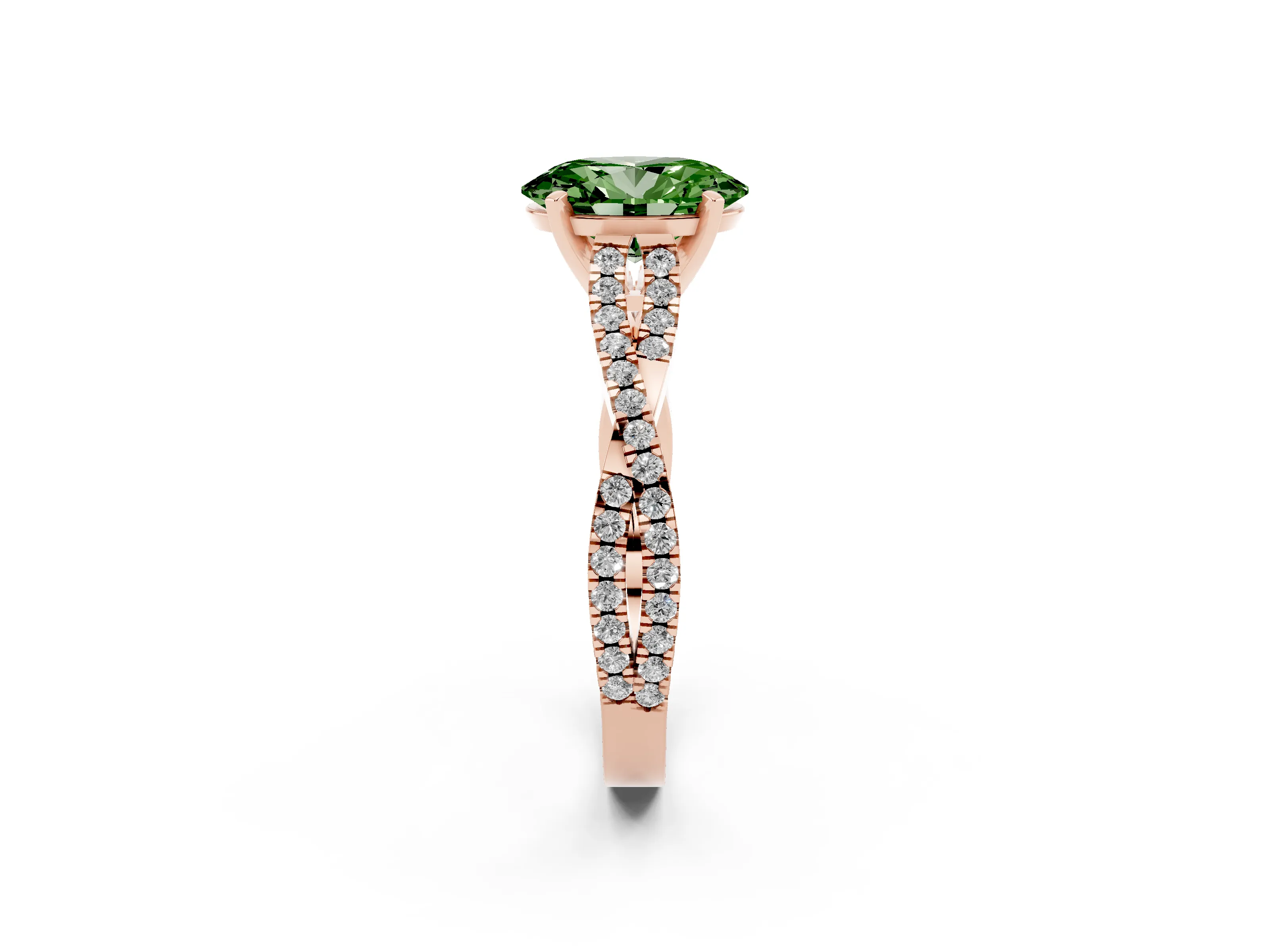 Fancy Green Oval Cut Diamond Solitaire Engagement Ring Set in Rose gold with Twisted Pavé Band and Prong Setting