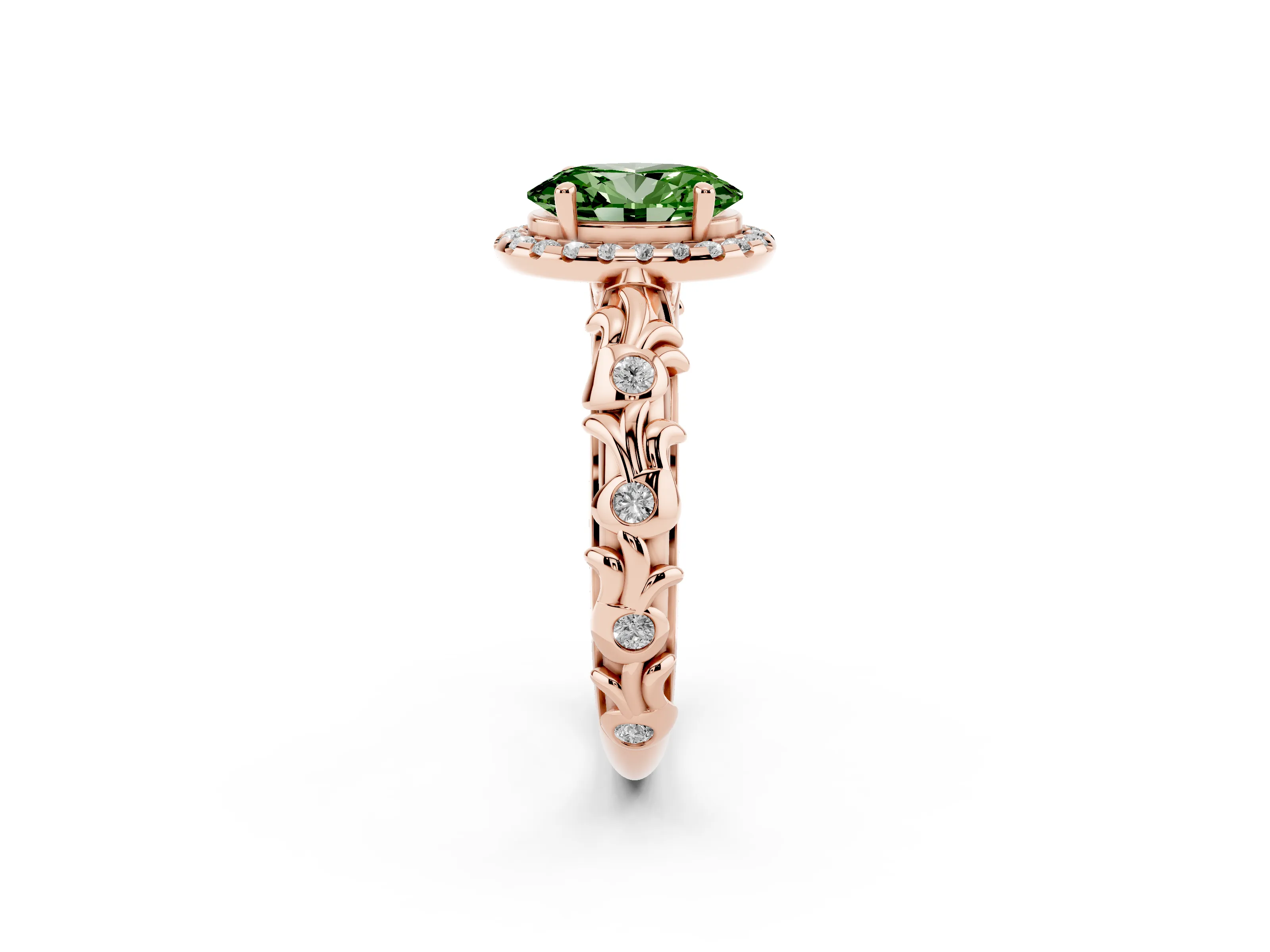 Fancy Green Oval Cut Diamond Halo Ring Set in Rose gold with Filigree Leaf Band and Prong Setting